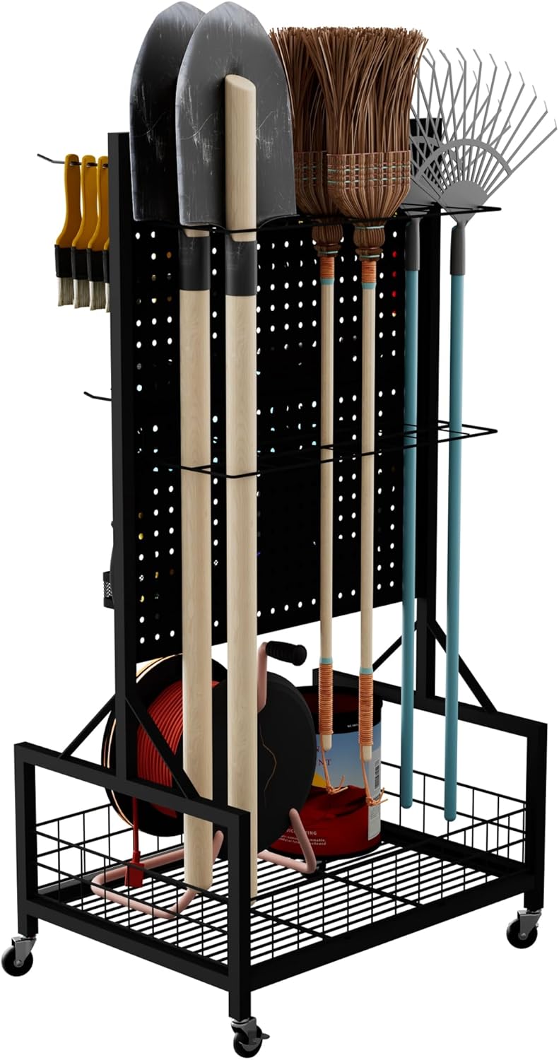 All-in-One Garage Storage Cart with Locking Wheels – Heavy-Duty Tool Organizer with Rack, Pegboard & Hooks & Accessories – Ideal for Garage, Garden, Yard – Utility Cart with Versatile Storage
