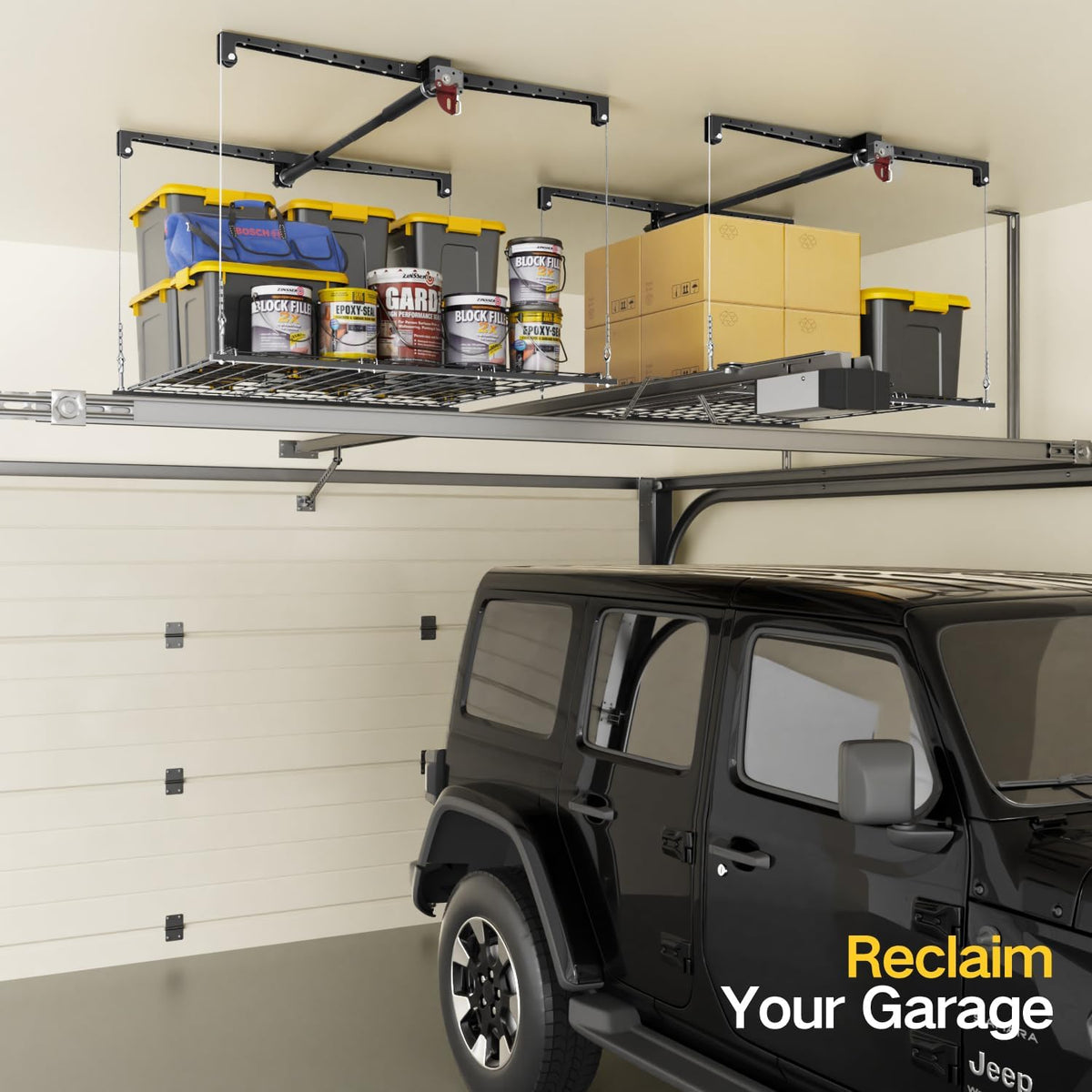 Overhead Garage Storage Rack, 4x4 Ft Adjustable Garage Ceiling Storage Lift, Heavy-Duty Ceiling Mounted Storage Lift System for Garage Organization, 250lbs Weight Capacity