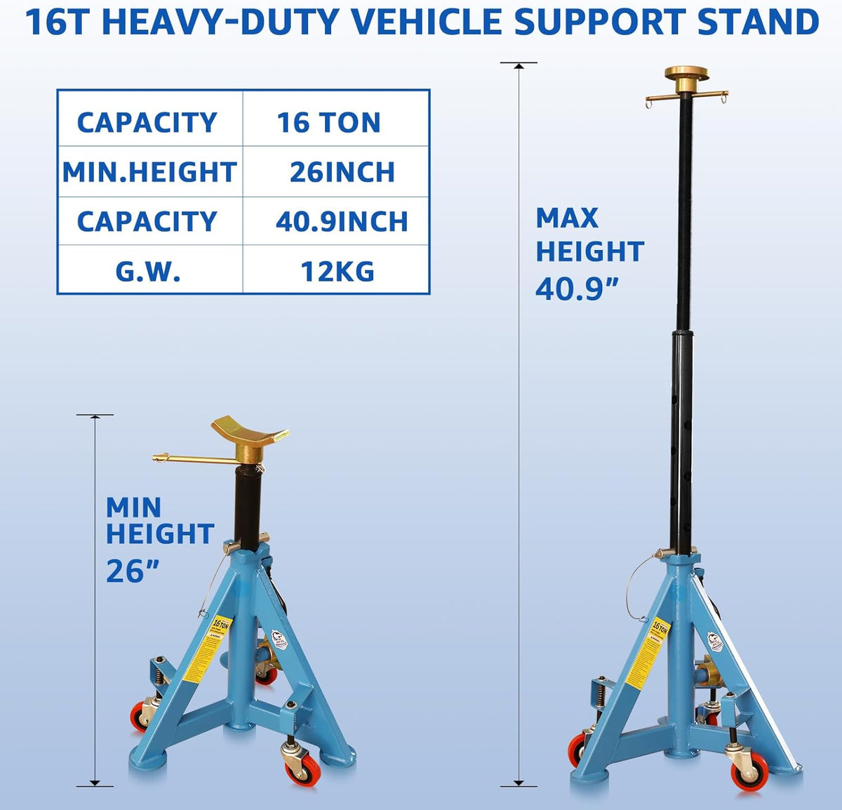 HKTE 16 Ton Heavy Duty Jack Stand with Wheels & Patented Handle, Dual Interchangeable Tops, 35,000 lbs Capacity, Adjustable Height (26"-40.9") for Trucks, Pickups, SUVs, Farm Vehicles, Auto Repair