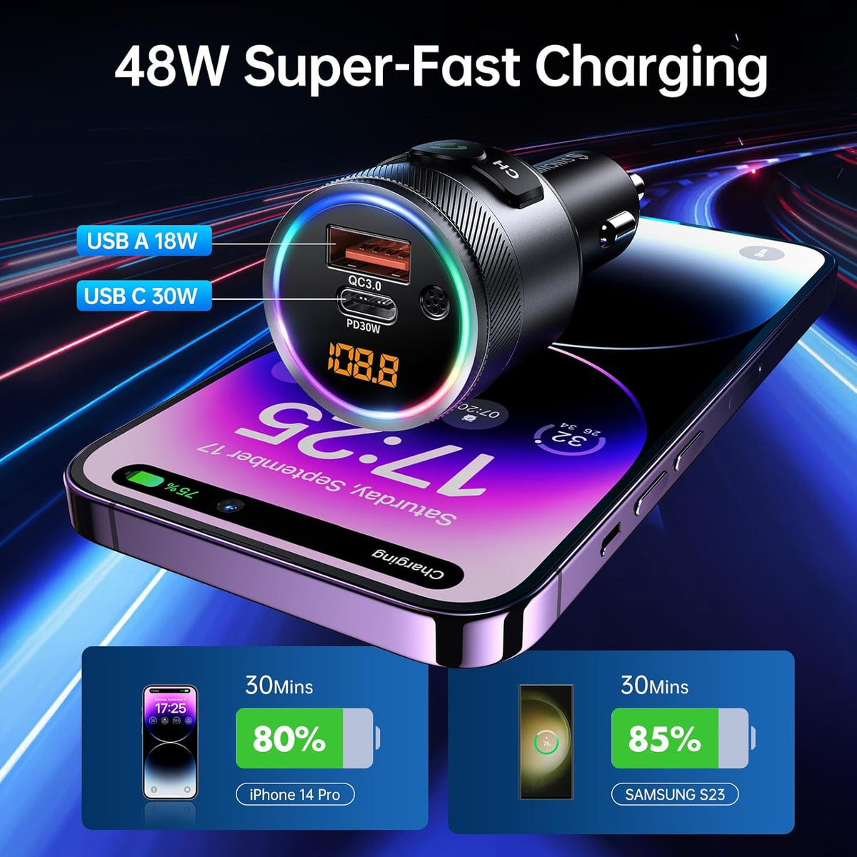 Syncwire Bluetooth 5.4 FM Transmitter for Car, 38W PD&QC3.0 Dual USB Charging Bluetooth Car Adapter Microphone & Bass Sound MP3 Music Player FM Kit with Hands-Free Calling