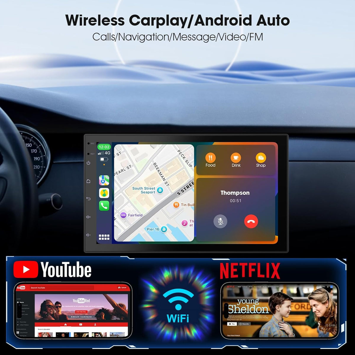 Wireless CarPlay Screen for Car & Android Auto Head Unit - Touchscreen 7 Inch Double Din Car Stereo with Backup Camera for All Cars (2+32GB)