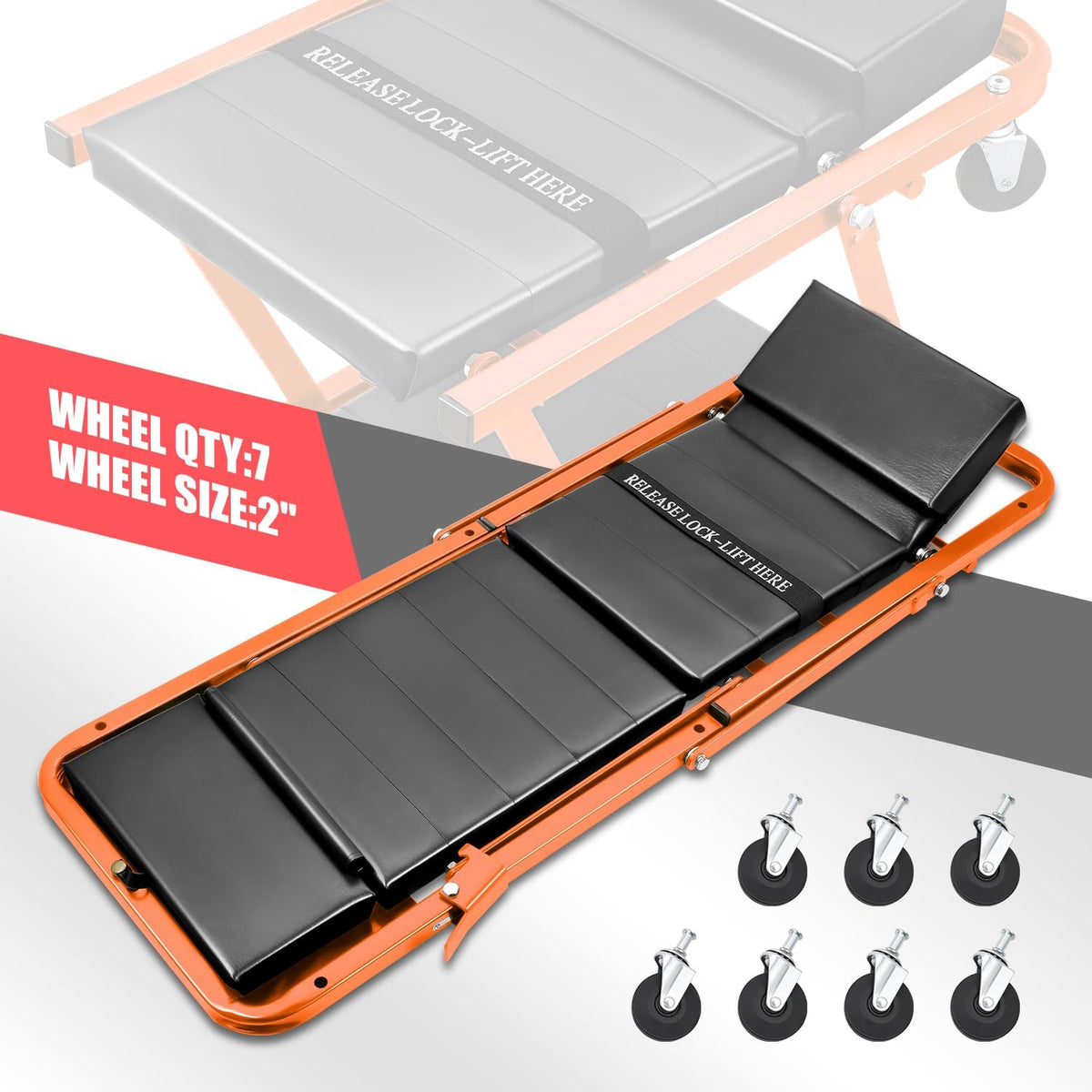 DNA MOTORING 48" 2 IN 1 Folding Rolling Garage Shop Creeper Roller Seat, 7 Pcs 2" Casters, 350 Lbs Weight Capacity, Orange, TOOLS-00193-OG