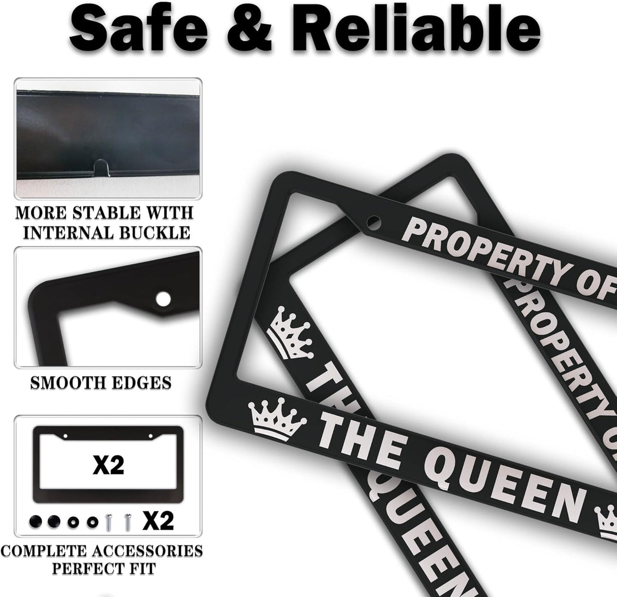 License Plate Frame Black and White License Plate Holder Property of The Queen Universal Aluminum Car Accessory 2 Pack with Screw Covers Set