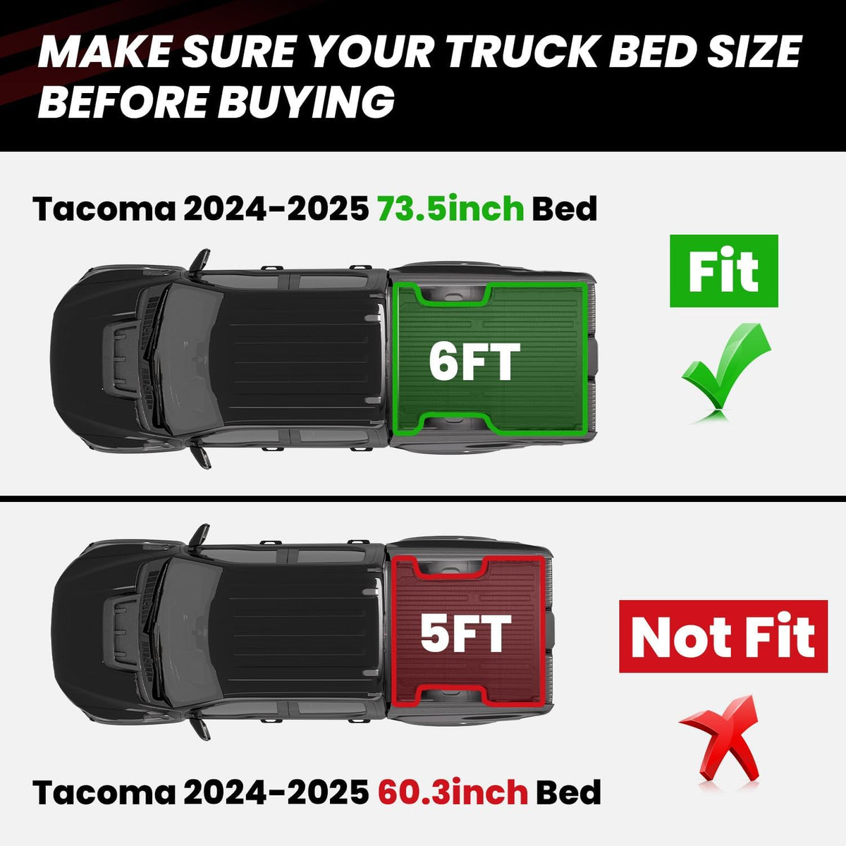 LASFIT Bed Mat for Toyota Tacoma 2024 2025 Truck Bed (6ft,6'Bed), All Weather 6 ft Car Bed Liner for Toyota Tacoma Accessories, TPE Trunk Mat&Cargo Liner, Black