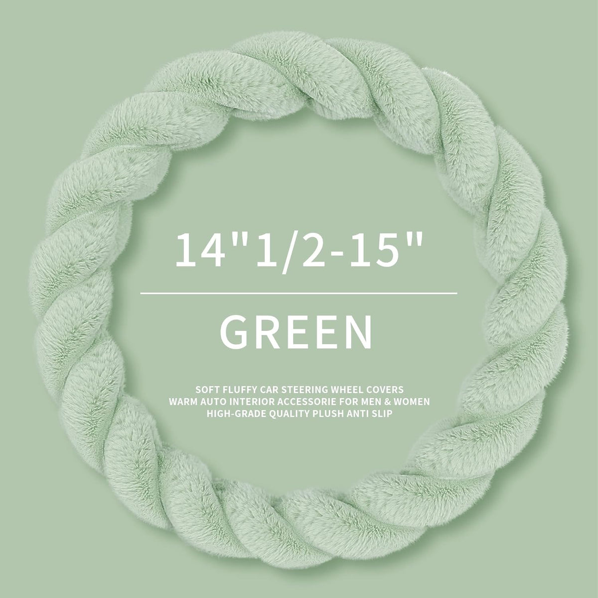 Luxury Fluffy Winter Car Steering Wheel Cover for Women Soft Warm Plush Cute Auto Accessories for Vehicle, Sedan, Universal, Fuzzy, Anti Slip, Green, Standard Size, 14.75-15.15"