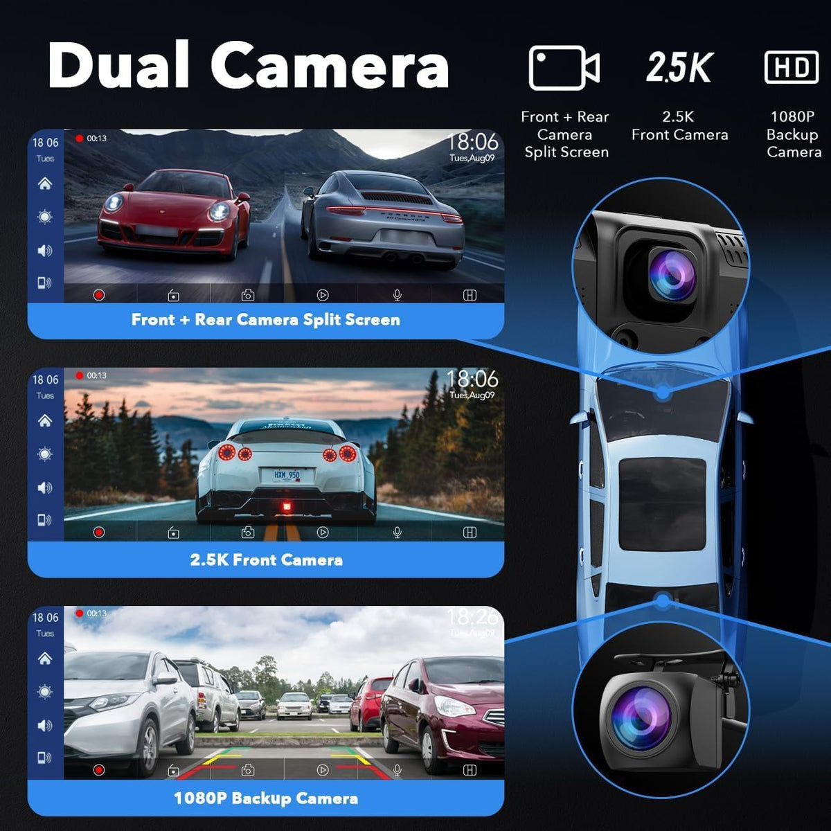 LAMTTO 9.26" Wireless Carplay and Android Auto with 2.5K Dash Cam, 1080P Backup Camera, Portable Touchscreen GPS Navigation for Car, Car Stereo Receiver with Bluetooth,AirPlay,AUX,FM,Googel,Siri