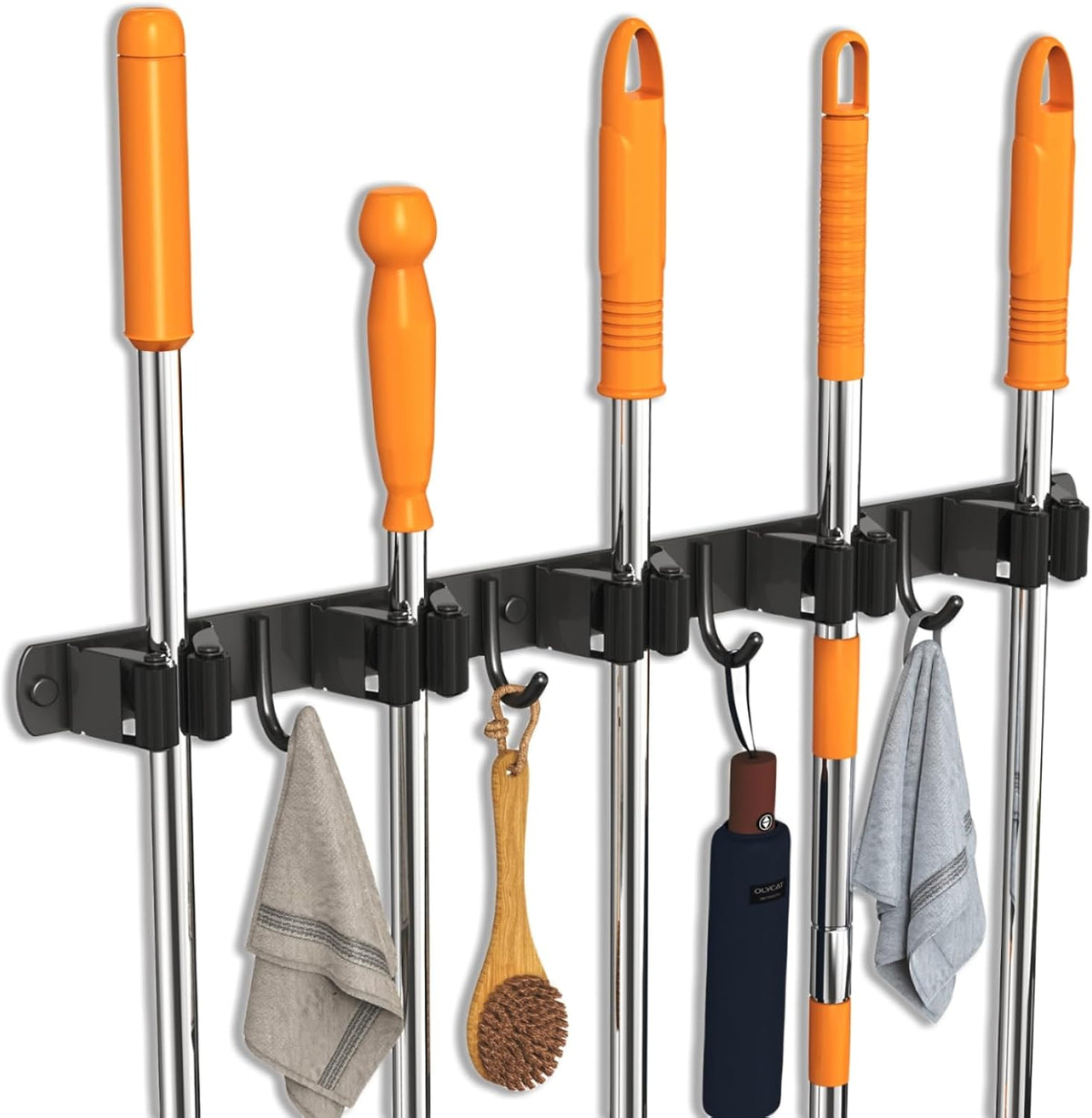 Mop and Broom Holder Wall Mount, Upgraded Broom Organizer Wall Mount, Stainless Steel Broom Hanger Wall Mount for Home Kitchen Garden Laundry Garage (5 Racks with 4 Hooks Black)