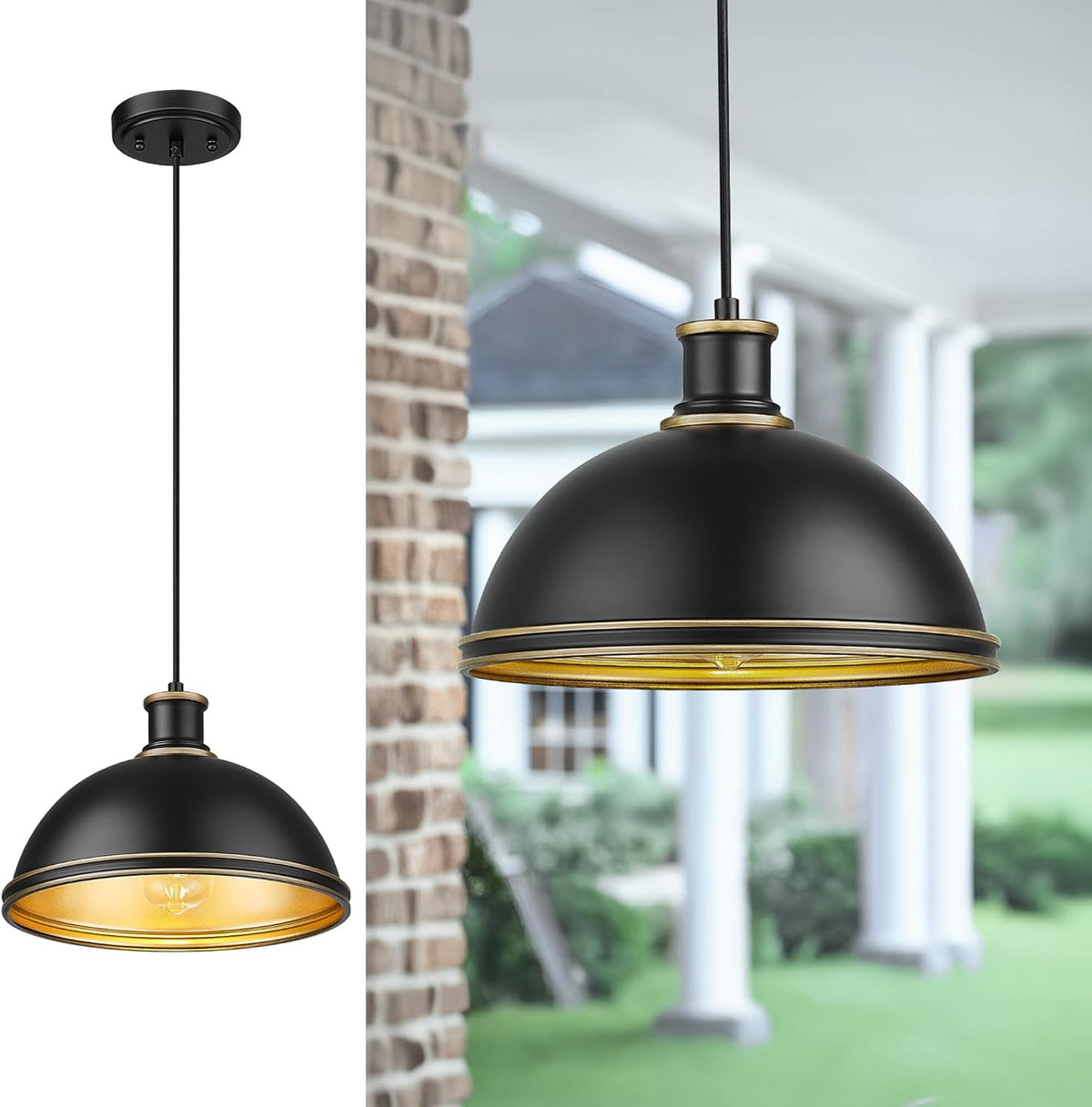 kudos Outdoor Pendant Light, 12" Large 1-Light Hanging Porch Lights, Black Outside Chandelier for Porch Gazebo Patio Entryway, KDOPL03-BK-S