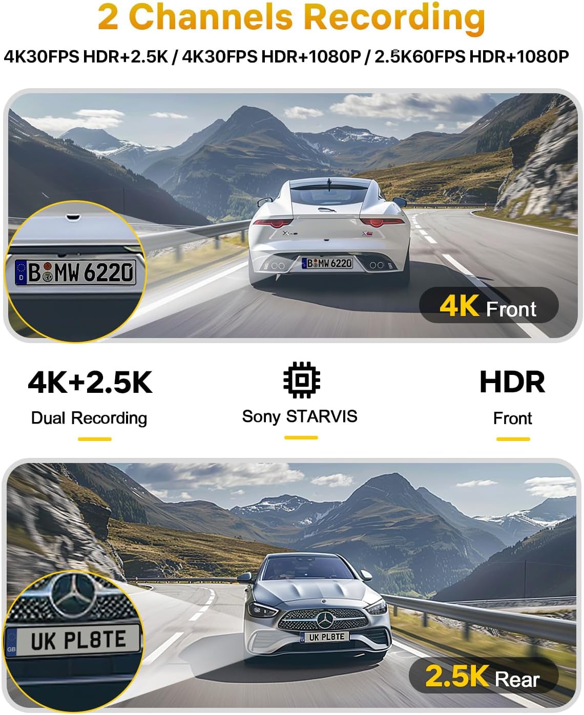 GKU Dash Cam Front and Rear, 4K 60fps＋2.5K Dashcam,STARVIS Sensor, HDR, 5G WiFi GPS, 24H Parking Mode, Night Vision, 170°Wide Angle, Dash Camera for Cars with 1.47 Display, 64G SDcard (Black)