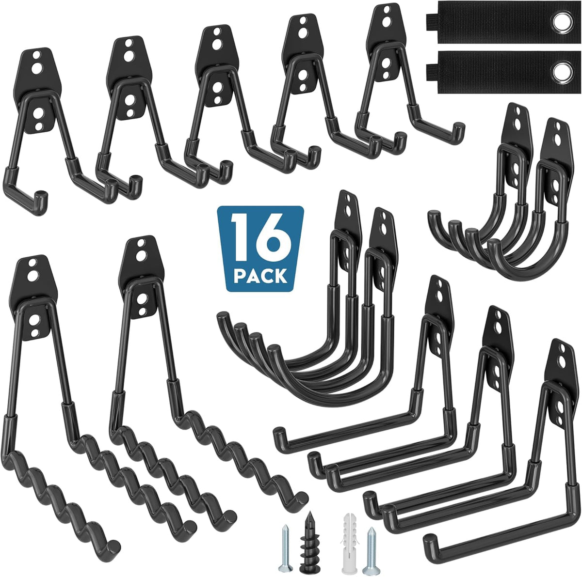 BONTEC 16 Pack Heavy Duty Garage Hooks, Steel Wall Mount for Garage Organization, Ladder & Bike Hooks, Garden Hose Holder, Tool Hangers, for Home, Workshop & Storage (Black)