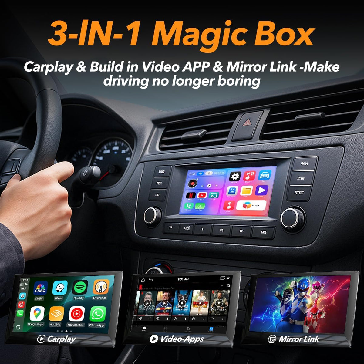 Volam 3-in-1 Wireless CarPlay Adapter Magic AI Video Box for iPhone with Netflix YouTube Plug and Play for Factory OEM Wired Car Play Cars & iOS 10+