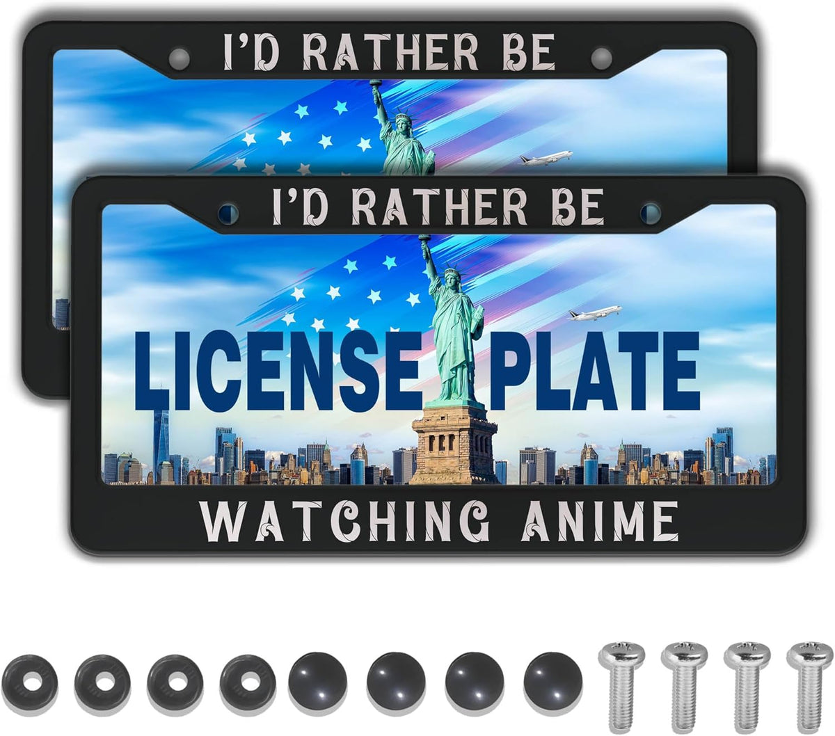 License Plate Cover Black and White License Plate Frames I’D Rather Be Watching Anime Aluminum Metal Car Accessory 2 Pack with Screw Covers Set