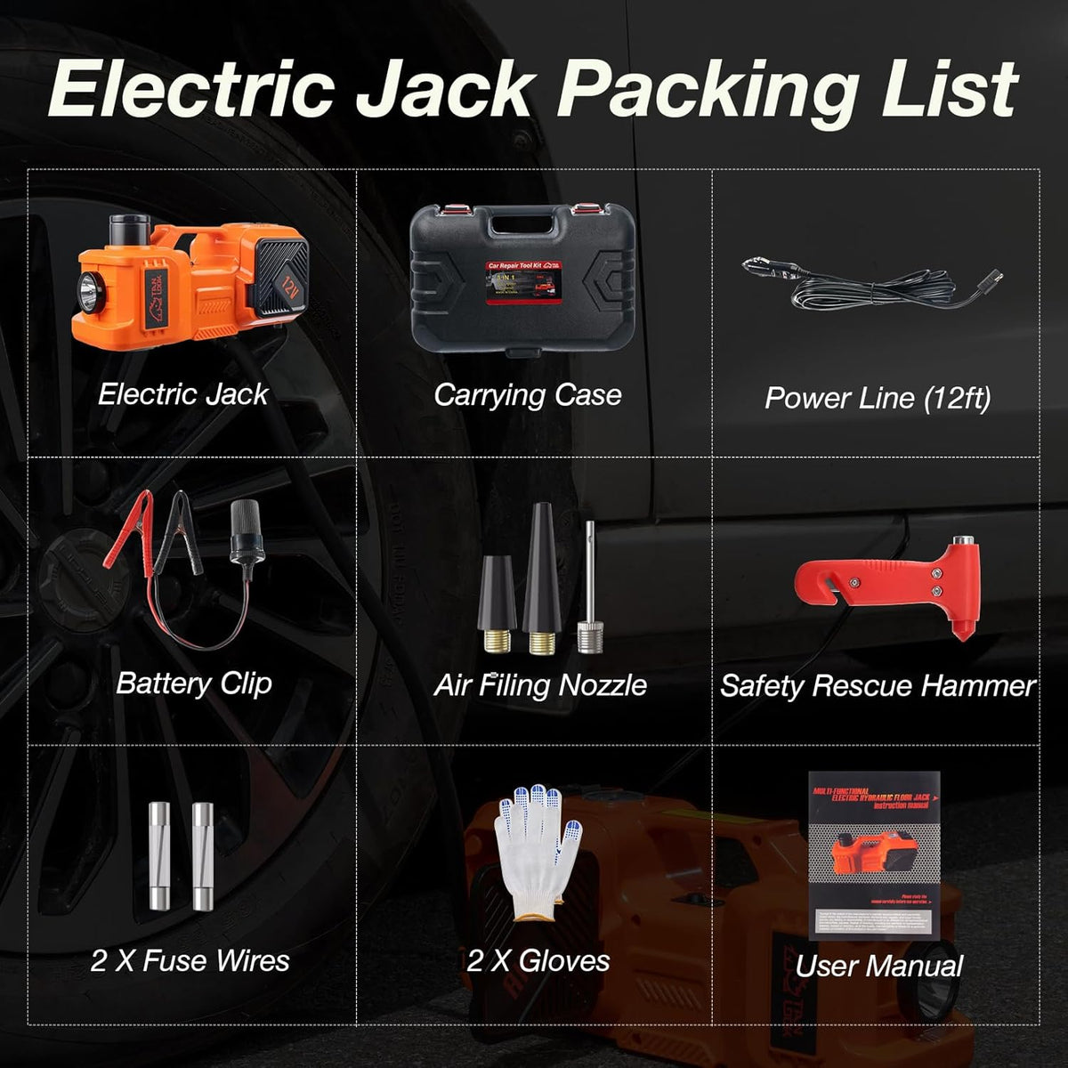 Electric Car Jack Kit with Hydraulic Lift 5-Ton, Tire Inflator Heavy-Duty 12V Floor Jack for Sedans,SUVs,MPVs & Trucks.Ideal for Tire Changes & Garage Repairs (no Electric Wrench)