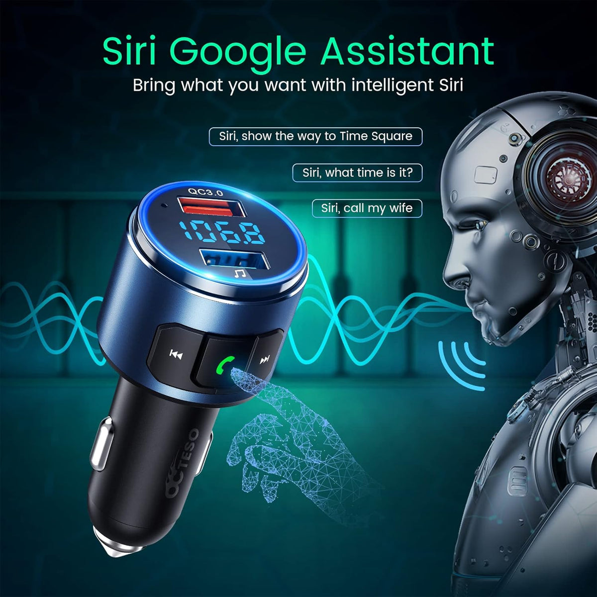 Upgraded FM Bluetooth Transmitter Car, QC3.0 Quick Charging & LED Backlit Bluetooth Car Adapter/FM Transmitter/Hi-Fi Music Player with Noise Cancelling Calls, Siri Google Assistant