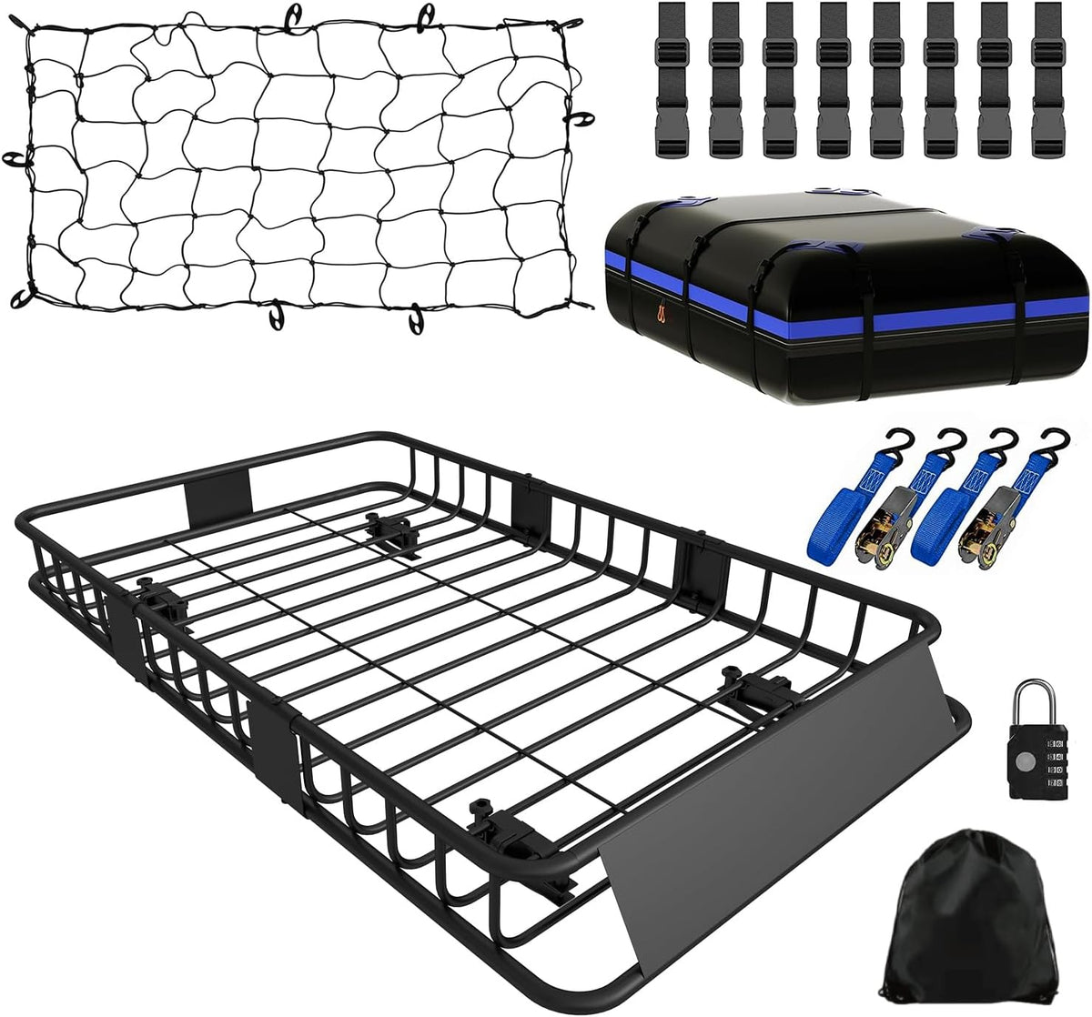 FORWODE Roof Rack Carrier Basket, 64" x 39" x 6" Rooftop Cargo Carrier with 250 lbs Capacity, Rust-Proof Steel Heavy Duty Car Top Luggage Basket with Waterproof Cargo Bag, Net and Straps