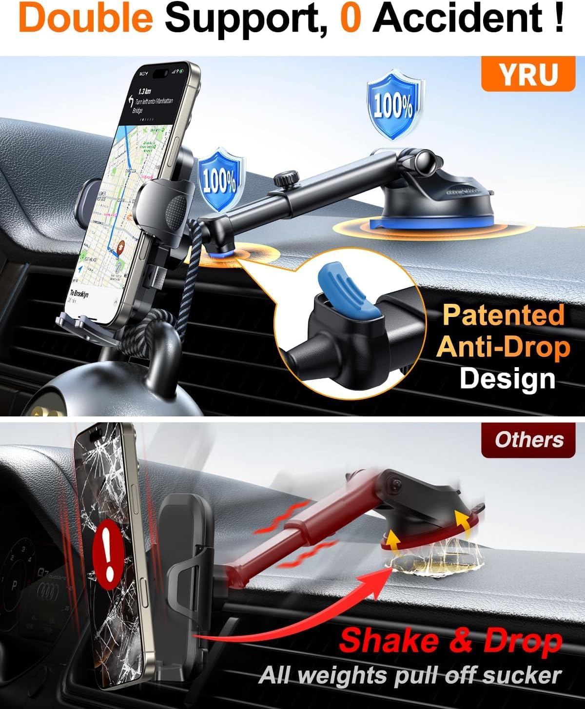 YRU True Military-Grade & 360 Degrees Rotatable Suction 2025 Ultimate Car Phone Holder Mount 90+LBS Safest Strongest Patent Certs Dashboard Windshield Vent for iPhone 16 15 Pro Max Samsung Dark Black
