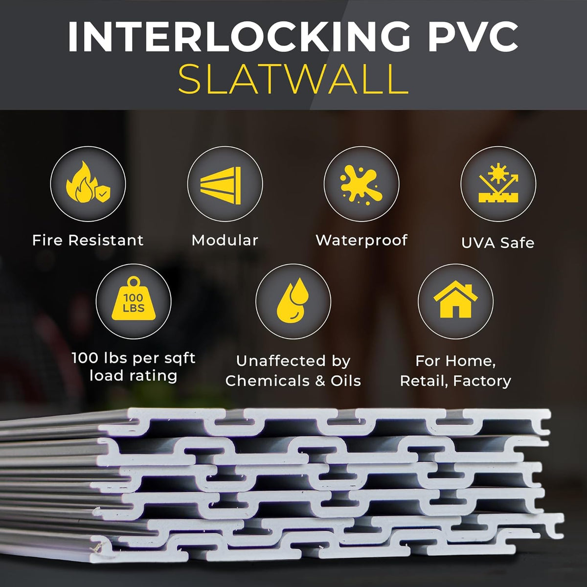 Slatwall Panel Garage Wall Organizer: Heavy Duty Wall Mounted PVC Wall Rack, Interlocking Slat Wall Paneling for Garage Wall Storage, Slatwall Board, Slatwall Shelves System -Black (3’H x 4’W)