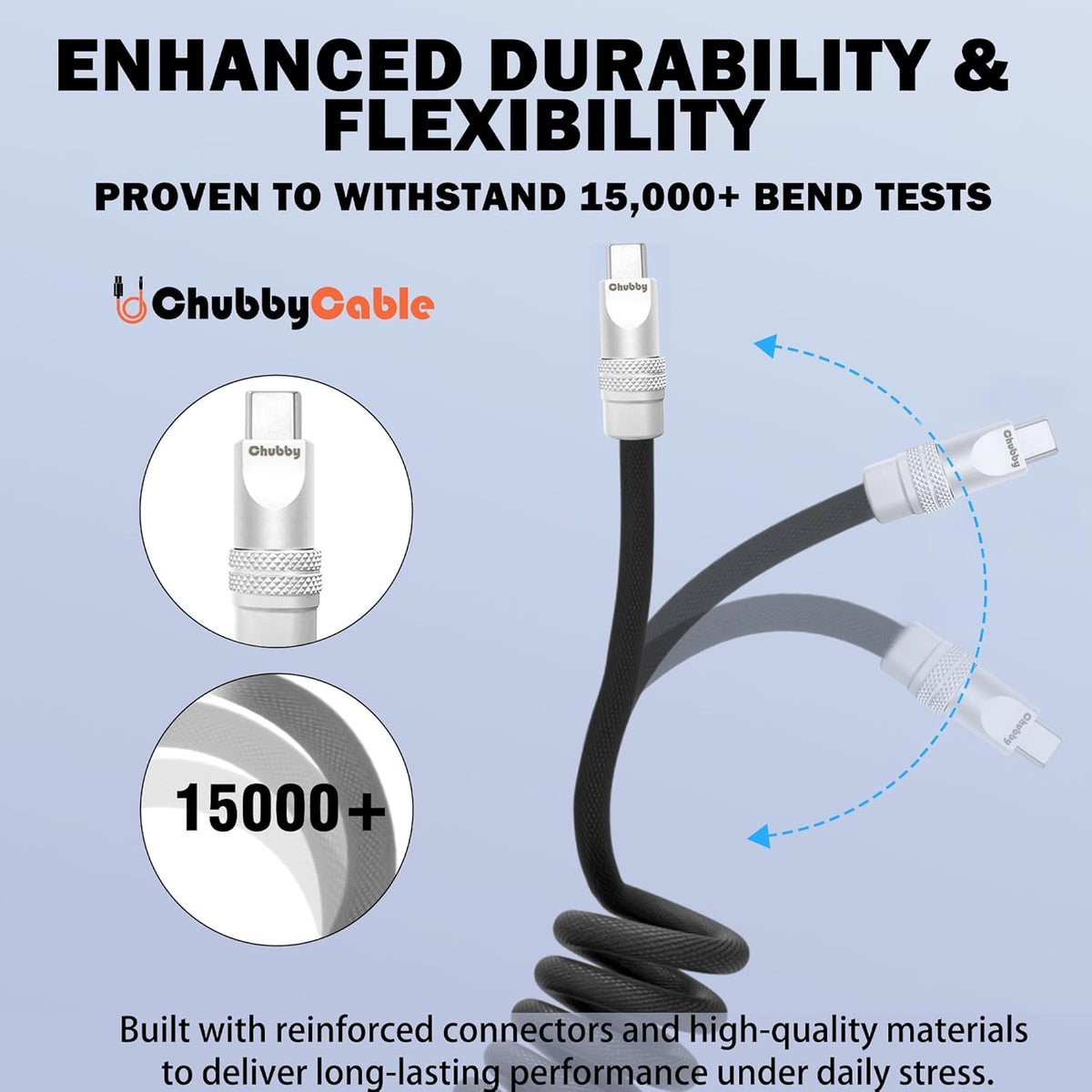 chubbycable Curly Chubby - Retractable Fast Charging Cable 240W Coiled Charger Cord for Car Durable USB-C Cable for Phones, Tablets and More, Black+Black, Type-C to Type-C, 1.3FT-2.3FT