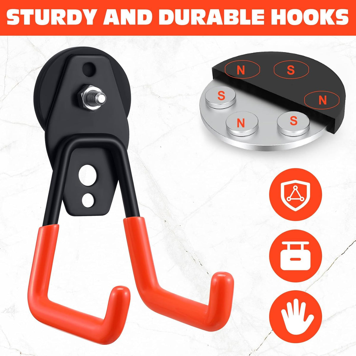 Landhoow Large Magnetic Hooks Heavy Duty Garage Magnet Hooks Strong Storage Utility Magnetic Hangers with Anti Slip Rubber Coating for Indoor and Outdoor Hanging(Orange,4 Pcs)