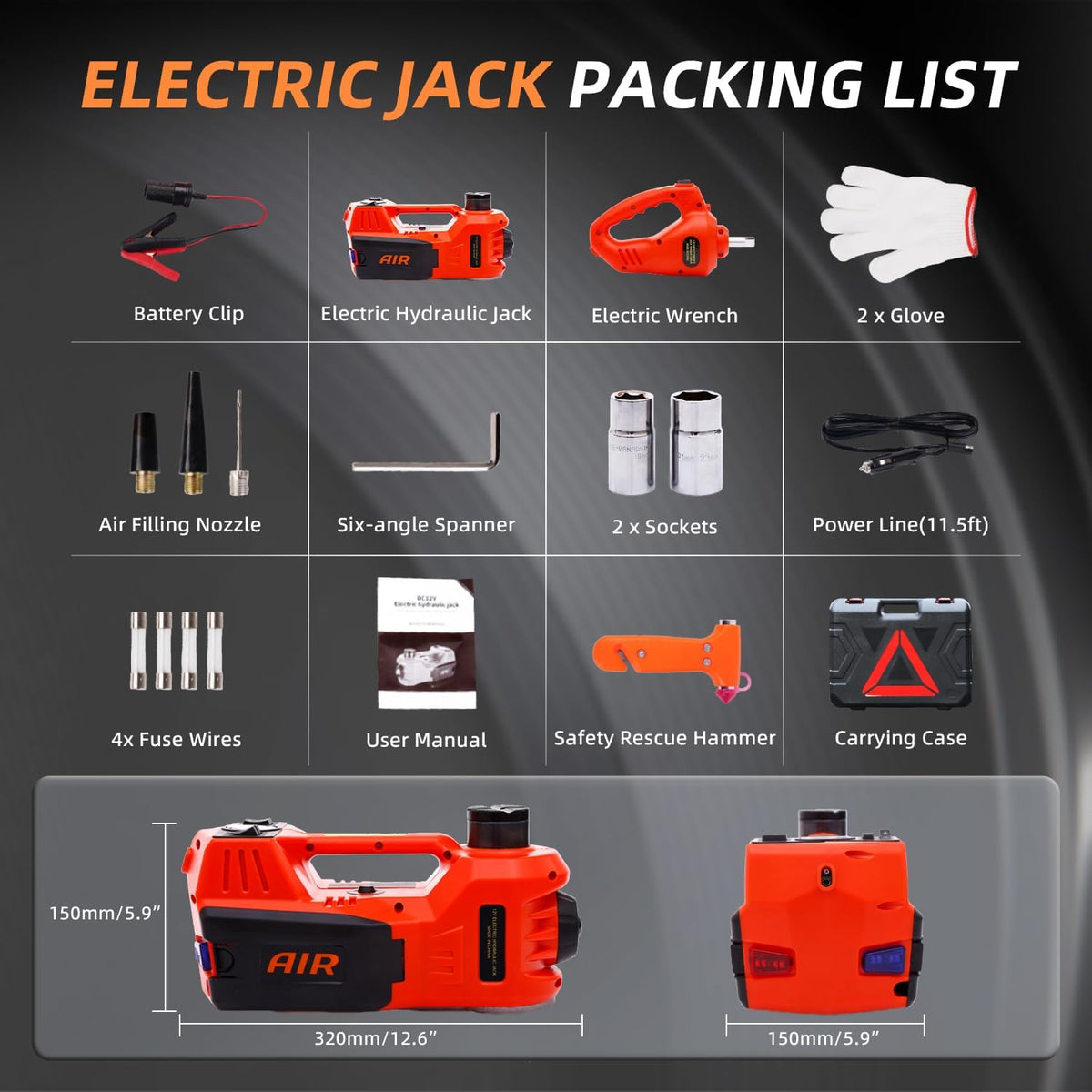 STANDTALL Electric Car Jack Kit 5 Ton 12V Hydraulic Jack Floor Jack with Impact Wrench and Tire Inflator Pump Lift with LED Light for SUV Sedan Truck Road Emergency Tire Change