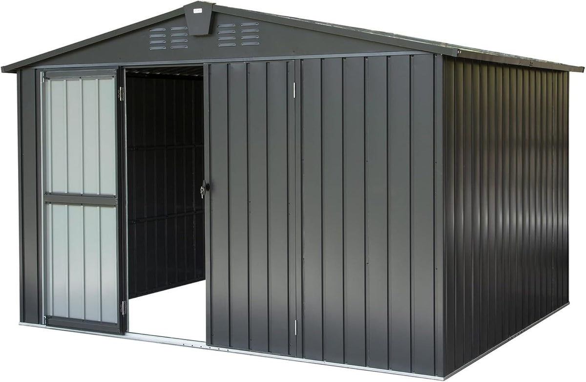 IKERY Galvanized Steel Storage Shed - 10' x 8' with Lockable Door, Extra - Large Metal Garden Shed for Bikes, Tools and Trash Cans, Perfect for Backyard and Patio, Dark Gray