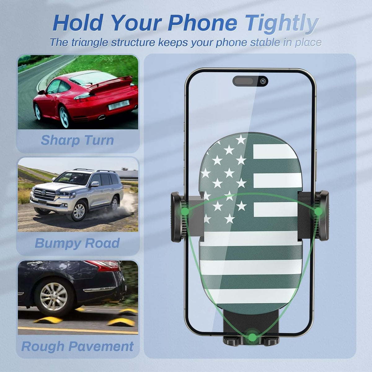 OQTIQ Phone Mount for Car [Gooseneck 13" Long Arm] Car Phone Holder for Dashboard, Windshield, Strong Suction Cup Cell Phone Holder for Car Truck (Patriotic Flag)