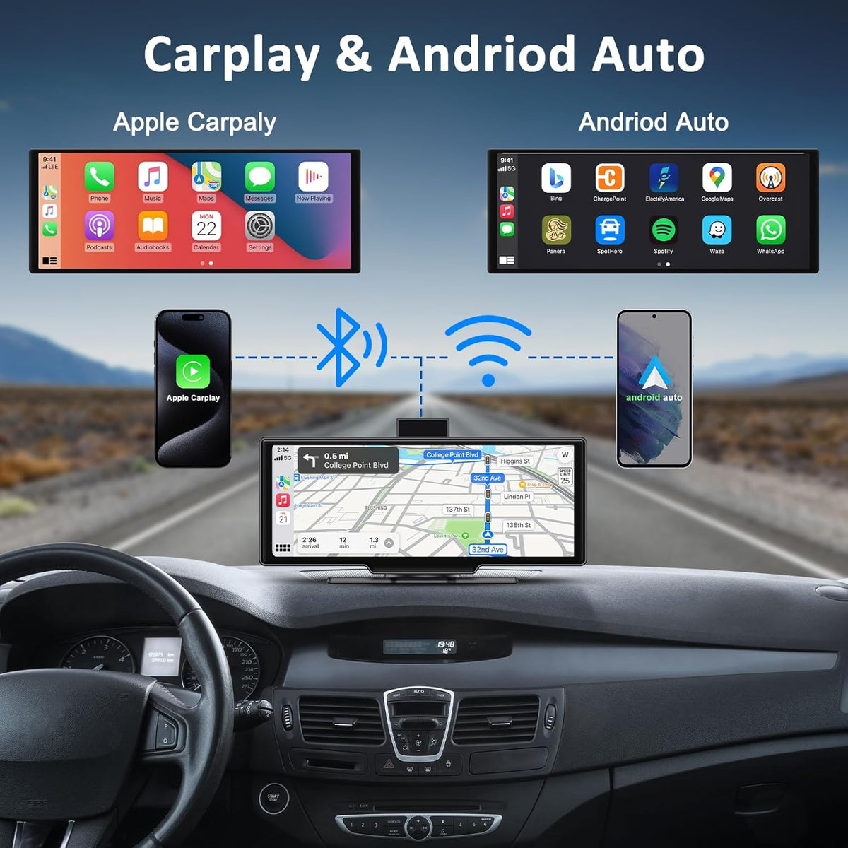 Apple carplay & Android Auto,Wireless Double din 10.26 inch Dash Cam with Front Camera and Backup Camera.GPS Navigation,Mirror Link/Voice Control/Bluetooth for Car RV Pickup Bus Trailer.etc