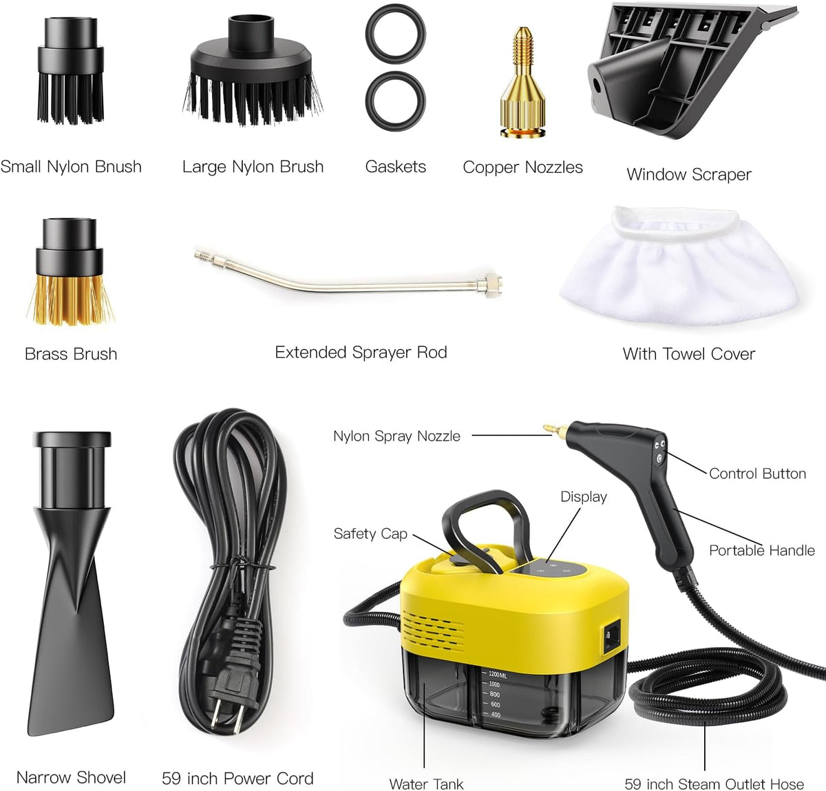 Handheld Steam Cleaner for Home＆Kitchen, 212°F High Temperature, 1200ML Tank, Portable Steam Cleaner for Car Carpet Detailing Window Floor Couch Grease Tile, Pressurized Steamer for Cleaning