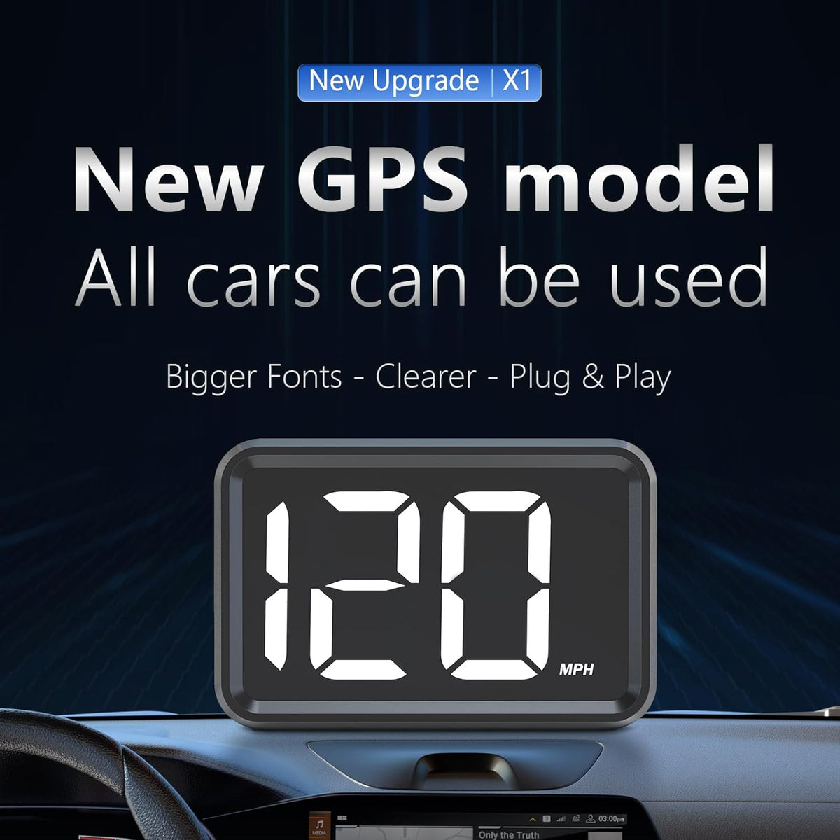 GPS Digital Speed Meter with MPH, Car Head Up Display for All Cars, USB Cable Plug & Play
