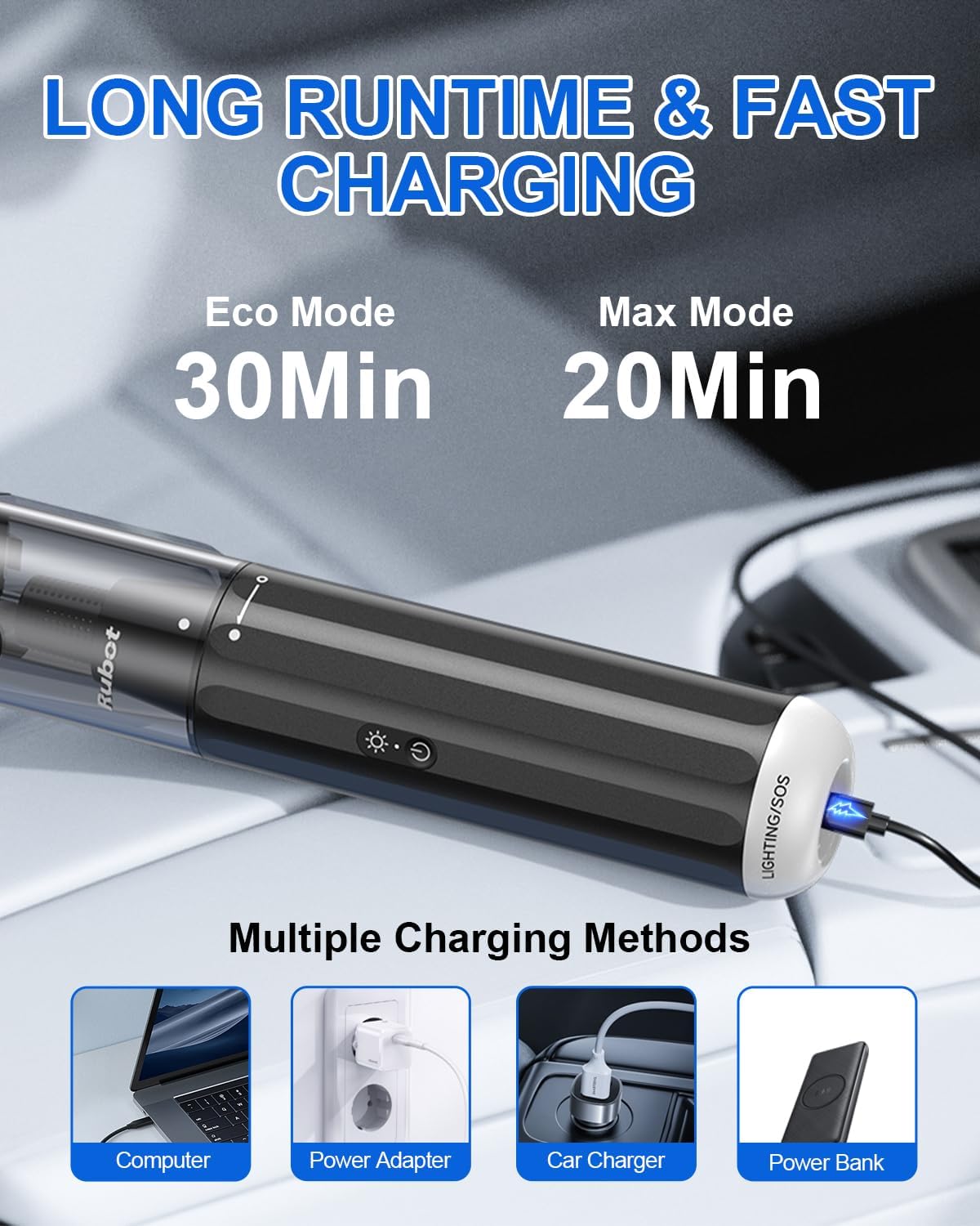 RUBOT Handheld Vacuum Cordless, Portable Car Vacuum with 2-Speed, 15KPA Powerful Suction Vacuum Cleaner, Lightweight 4-in-1 Hand Held Vacuum for Car Home Office and Pet Hair