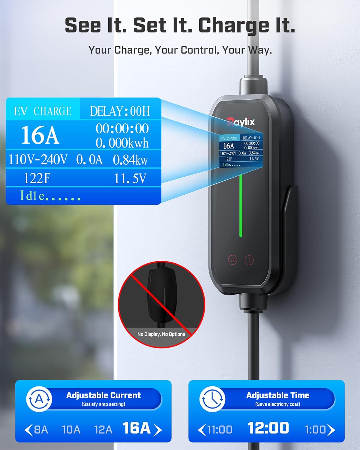 2025 Upgraded Level 1&2 Portable EV Charger, 16Amp Adjustable Current & Timer, 110V–240V, NEMA 5-15 & 6-20 Plugs, 21Ft EV Charging Cable, J1772 Electric Car Charger for All EVs/PHEVs, EV Charging Cord
