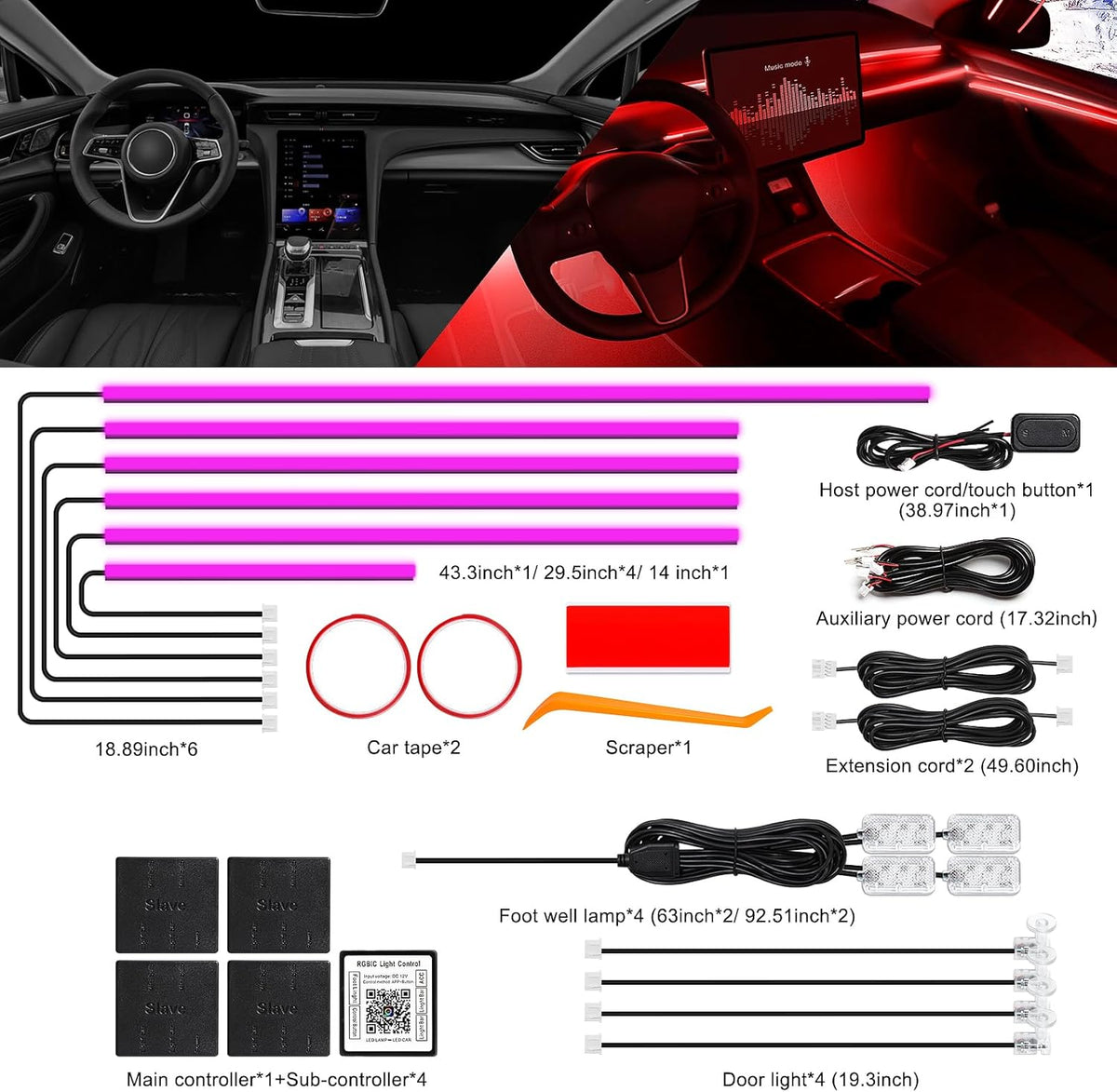Acrylic Interior Car LED Strip Light with Wireless APP, RGB 14 in 1 with 175 inches 612 LEDs Fiber Optic Strip Lights for Car, Dual Zone Music Sync Neon Car Ambient Lighting Kits