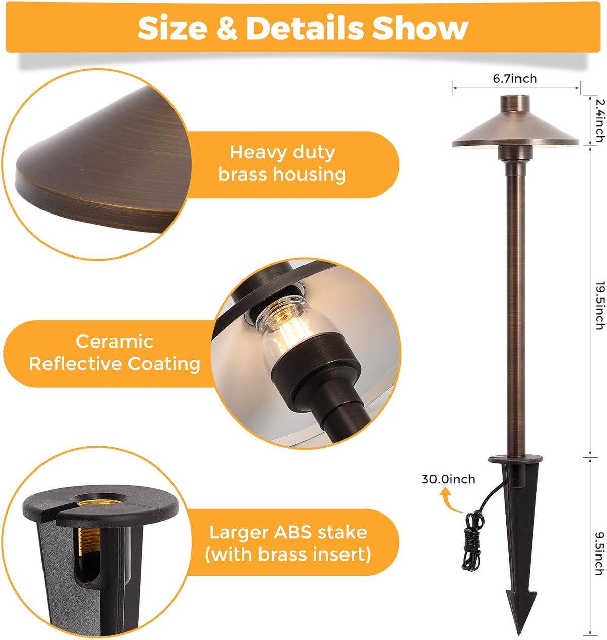 Gardencoin Solid Brass Low Voltage Pathway Lights (6.7'' Shade, 21.9'' Tall), 12V AC/DC Heavy Duty LED Landscape Path Lights Outdoor Wired, Antique Bronze Walkway Lights with Larger Stake, 12-Pack