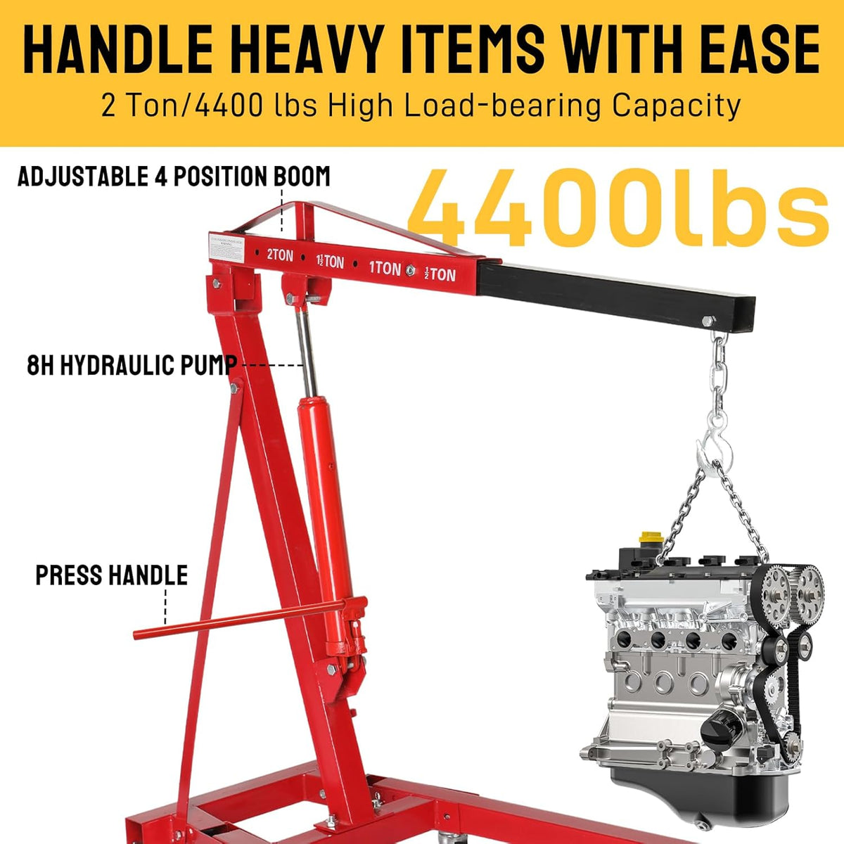Thicken Engine Hoist 2 TON Folding Motor Hoist Hydraulic Cherry Picker 4000 lbs Shop Cranes Lift, Yellow (2 Ton Engine Crane · Yellow)