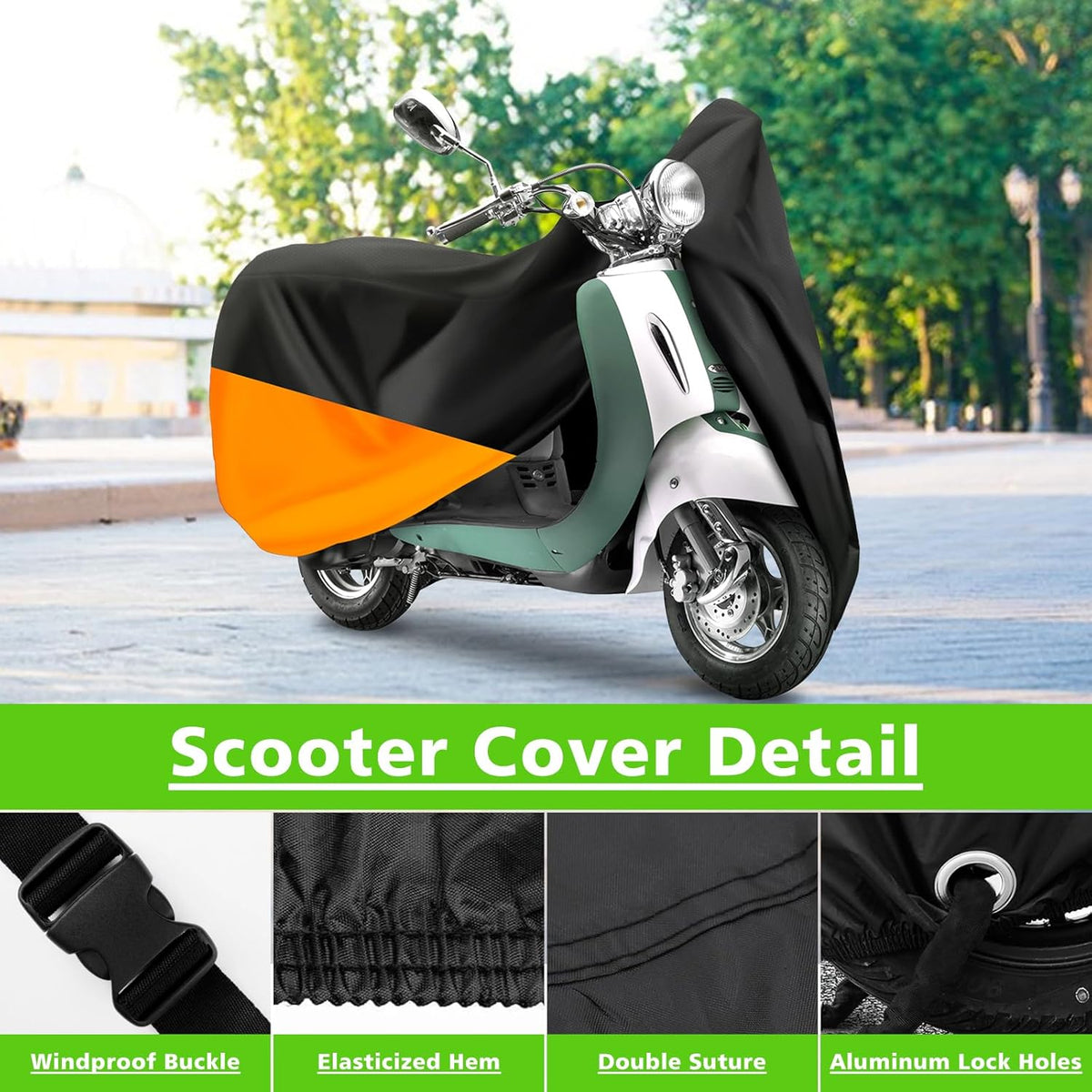 COVERVIN Scooter Outdoor Waterproof Cover, Moped Cover Vespa Cover for Honda Ruckus Yamaha 72″ Long (S, Black Orange)