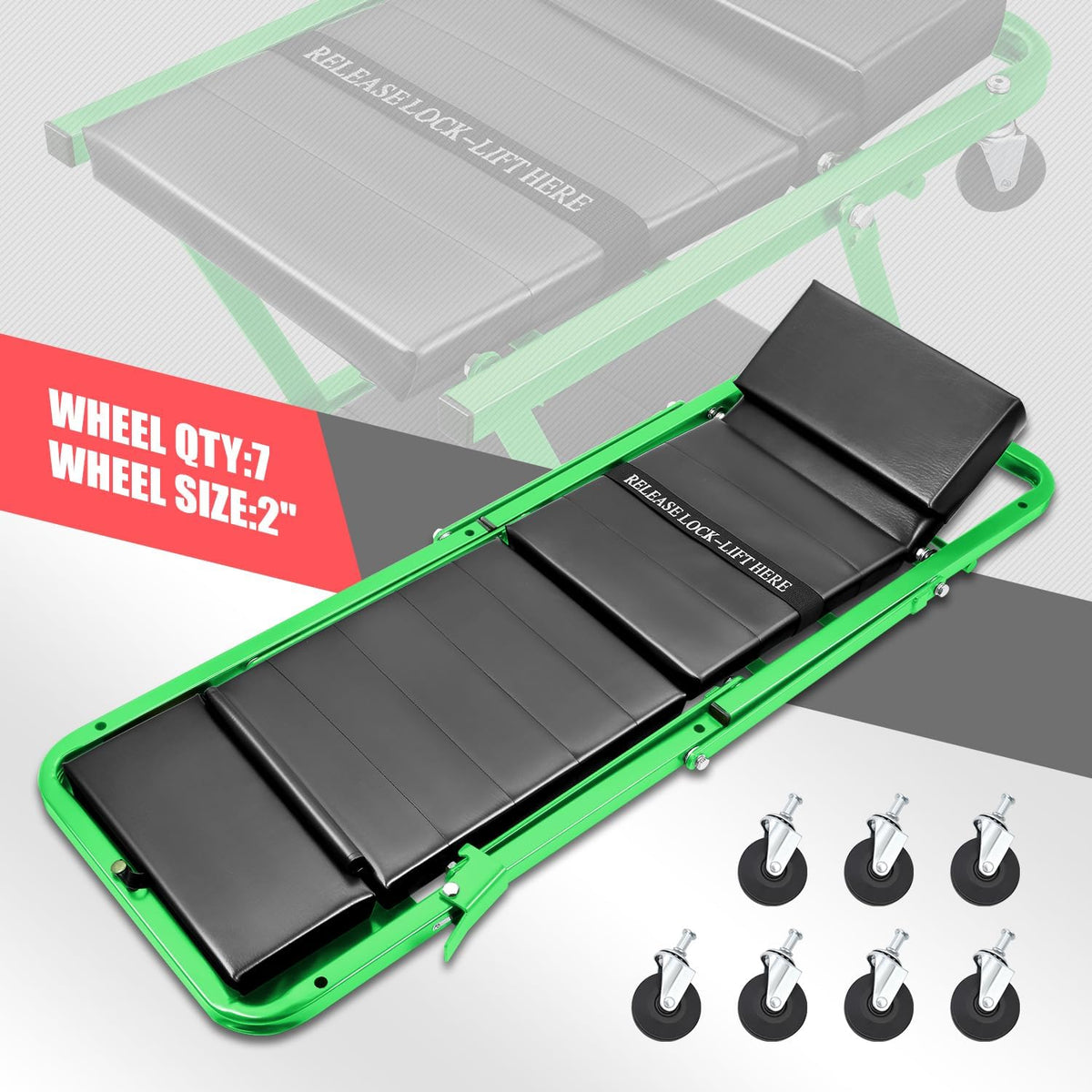 DNA MOTORING 48" 2 IN 1 Folding Rolling Garage Shop Creeper Roller Seat, 7 Pcs 2" Casters, 350 Lbs Weight Capacity, Green, TOOLS-00193-GR