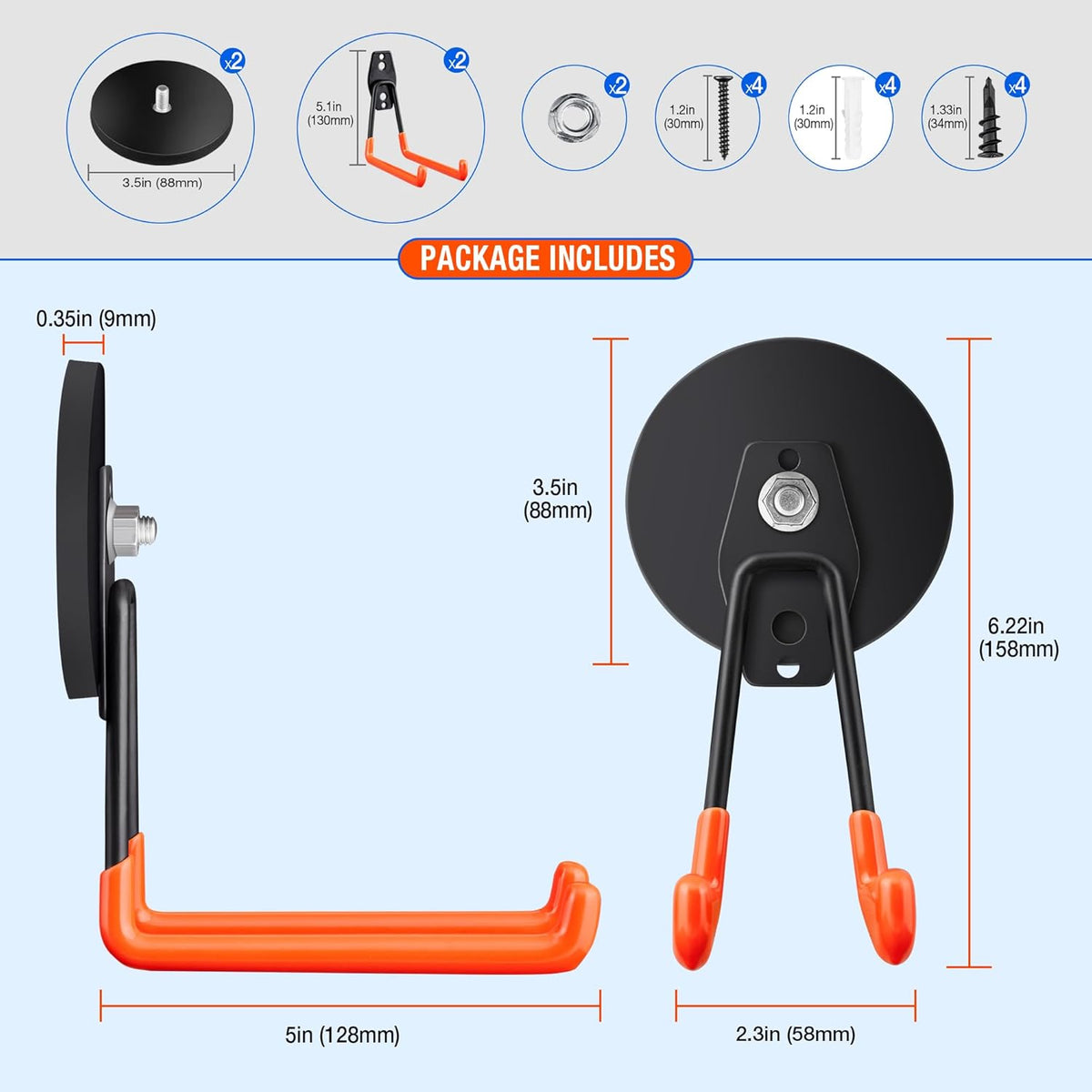 2Pcs Large Strong Magnetic Hooks for Hanging Heavy Duty, 3.5in Neodymium Magnet Storage Utility Hooks, Steel Long Magnetic Holder/Hanger Hook Organizer for Hanging Garage/Garden/Power Tools