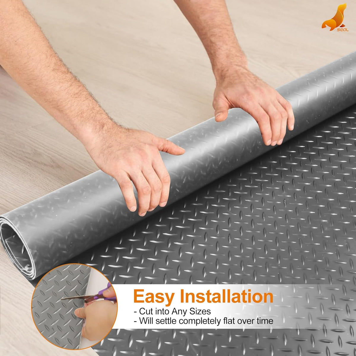 SEAL 6 x 10 Ft Premium Garage Floor Mat, Solid 2.8mm Thick Gray Commercial Grade Heavy Duty Parking Mat for Garage Floor, Golf Cart Parking, Water/Stain Resistant Floor Runner (Embossed Diamond Plate)