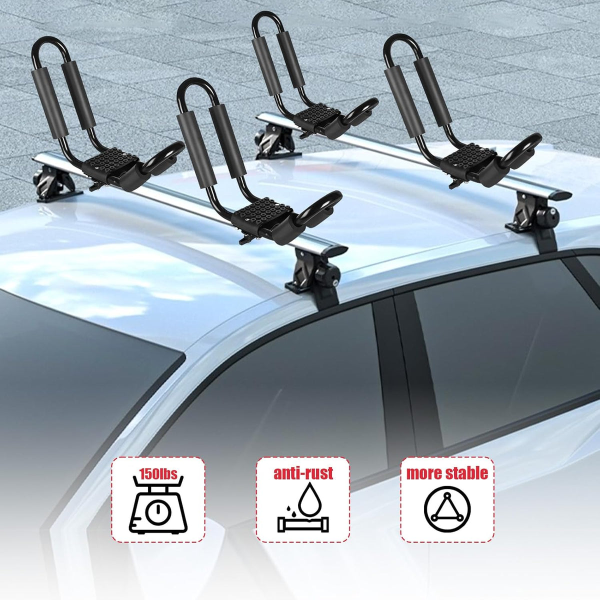 FORWODE Heavy Duty Kayak Roof Rack, 2 Pair J-Bar Kayak Rack with 4 Ratchet Tie, 4 S-Hook Ratchet Straps, 4 Anchor Belts for Kayak Canoe Boat Surf Ski on SUV Car Truck Crossbar