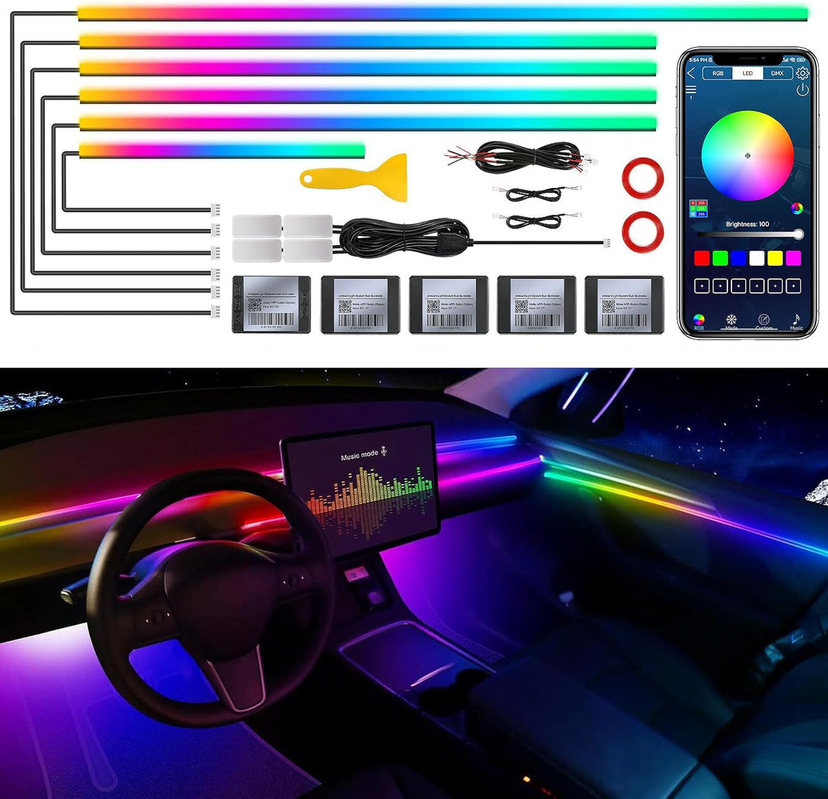 Dream+Color Acrylic Interior Car LED Strip Light with Wireless APP, RGB 10 in 1 with 175 inches 593 Neon Ambient Lighting Kits, Dynamic Chasing Music Sync LEDs Fiber Optic Strip Lights for Car