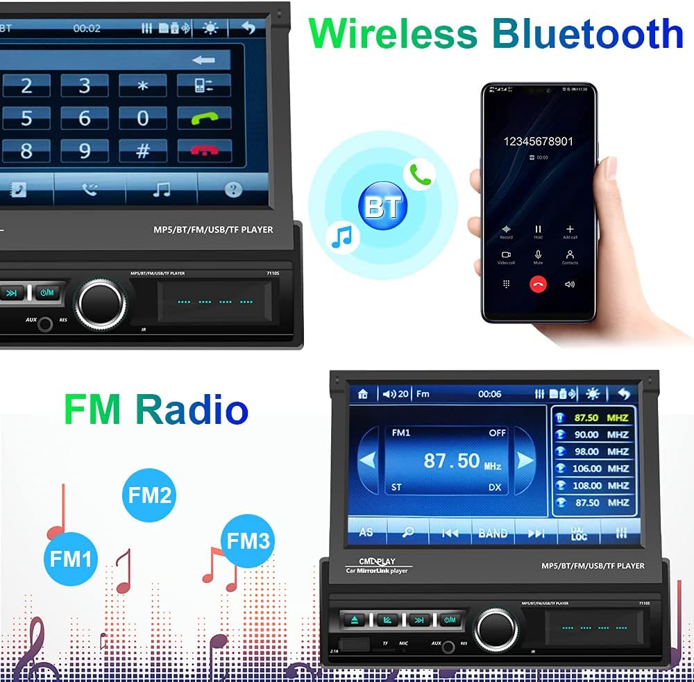 Hikity Single Din Touchscreen Car Stereo 7 Inch Touch Screen Car Radio, Automatic Flip Out Sceen Car Stereo with FM Radio, Bluetooth, Mirror Link, EQ, USB/TF/AUX Input, SWC, Backup Cam