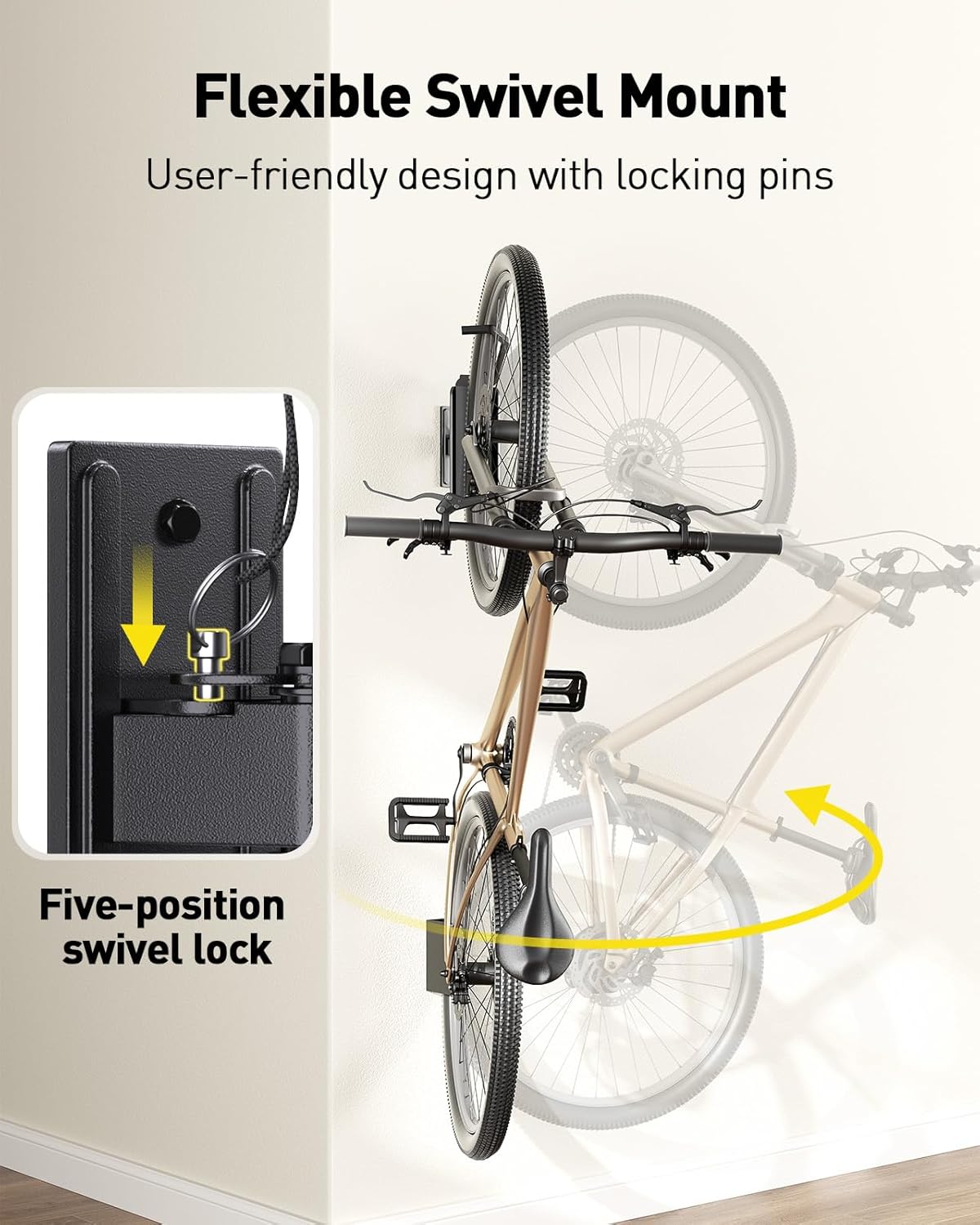 AM alphamount Swivel Bike Wall Mount, Metal Wall Bike Rack with Durable Sleeves, Space-Saving Vertical Bike Rack with 180° Swivel for Home and Garage, Bike Wall Mount Up to 66 lbs, 4-Pack