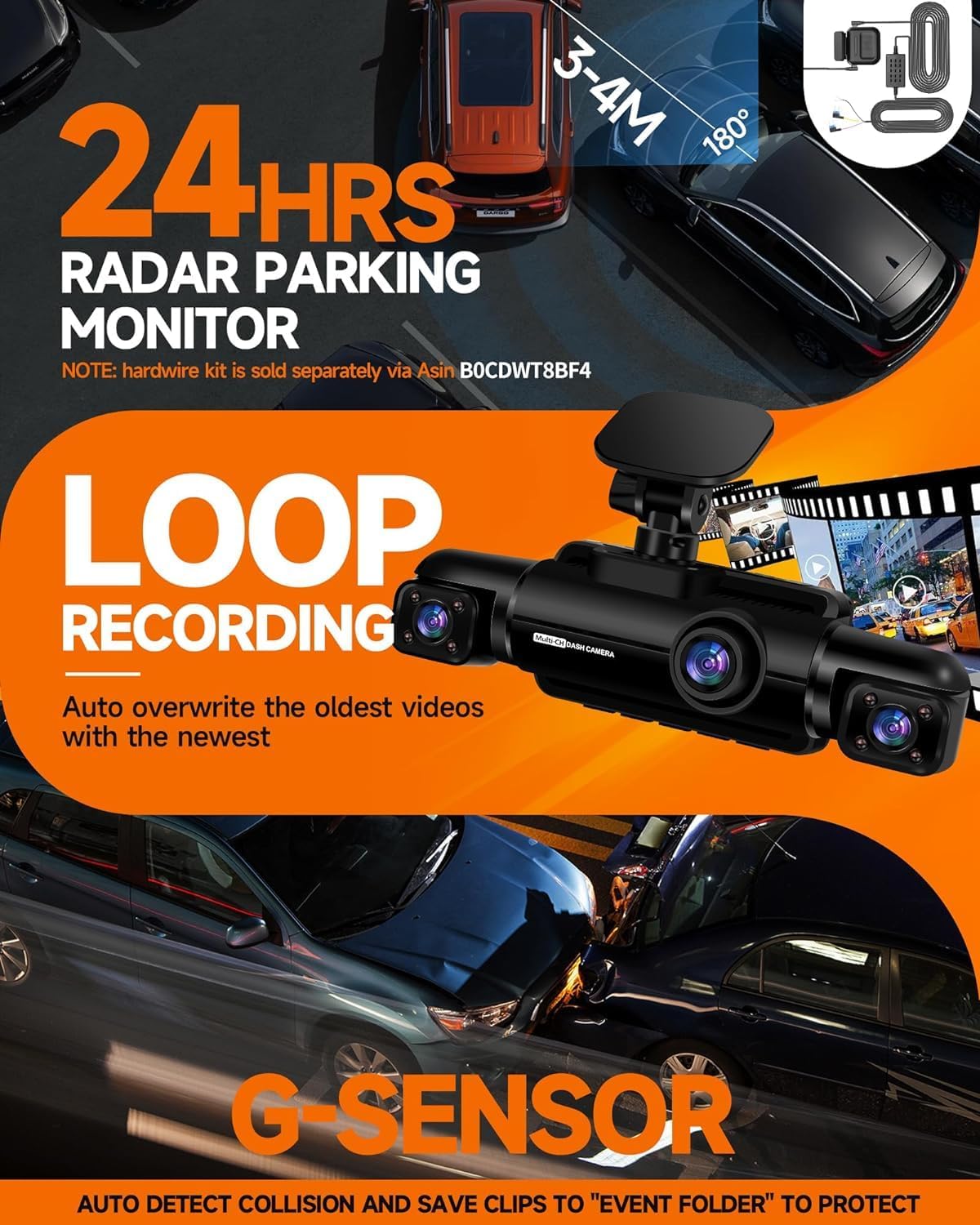 360° Dash Cam Front and Rear Inside, 4 Channel FHD 4 * 1080P, Wi-Fi GPS Voice Control Car Camera, Front 2K+1080P*2 Dash Camera for Cars, with 64GB SD Card, Night Vision, 24H Parking Mode(N300)