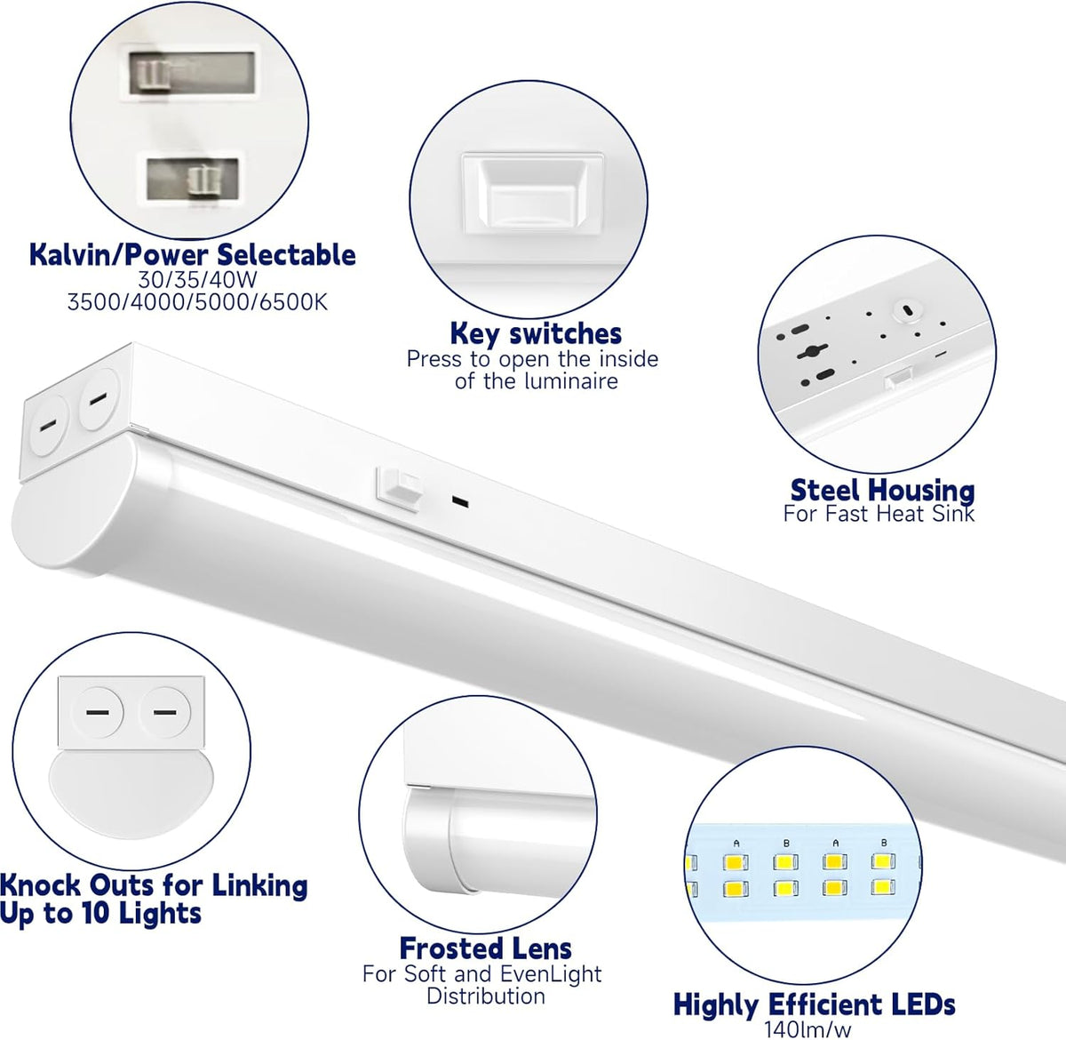 4FT LED Linear Strip Light, LED Shop Lights 30W/35W/40W Selectable,4 Color Selectable 3500K-6500K Adjustable,0-10V Dimmable Commercial Garage Office Ceiling Light Fixture, ETL DLC Listed (4 Pack)