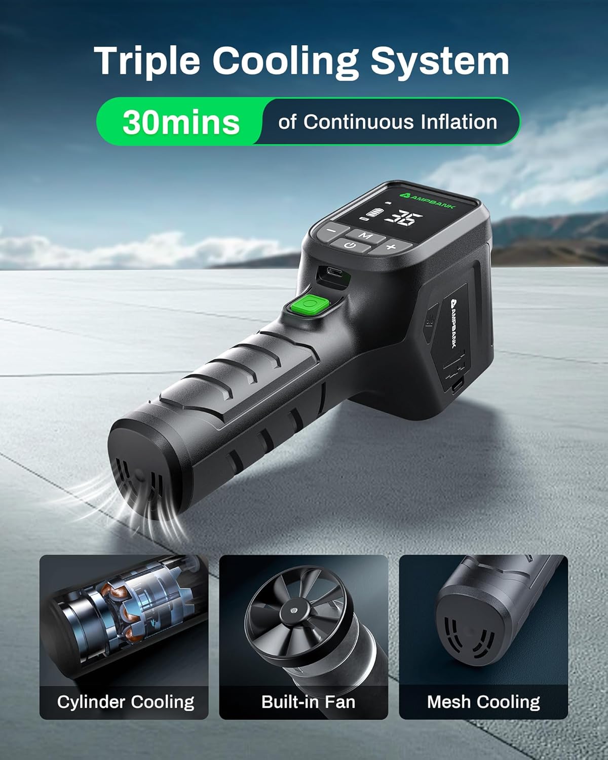 Tire Inflator Portable AMPBANK AT001, Portable Tire Inflator for Car with Pressure Gauge,Auto Air Pump150 PSI, Portable Air Compressor with LED for Car Tires, Motorcycle, SUV, Bicycle, Balls and more