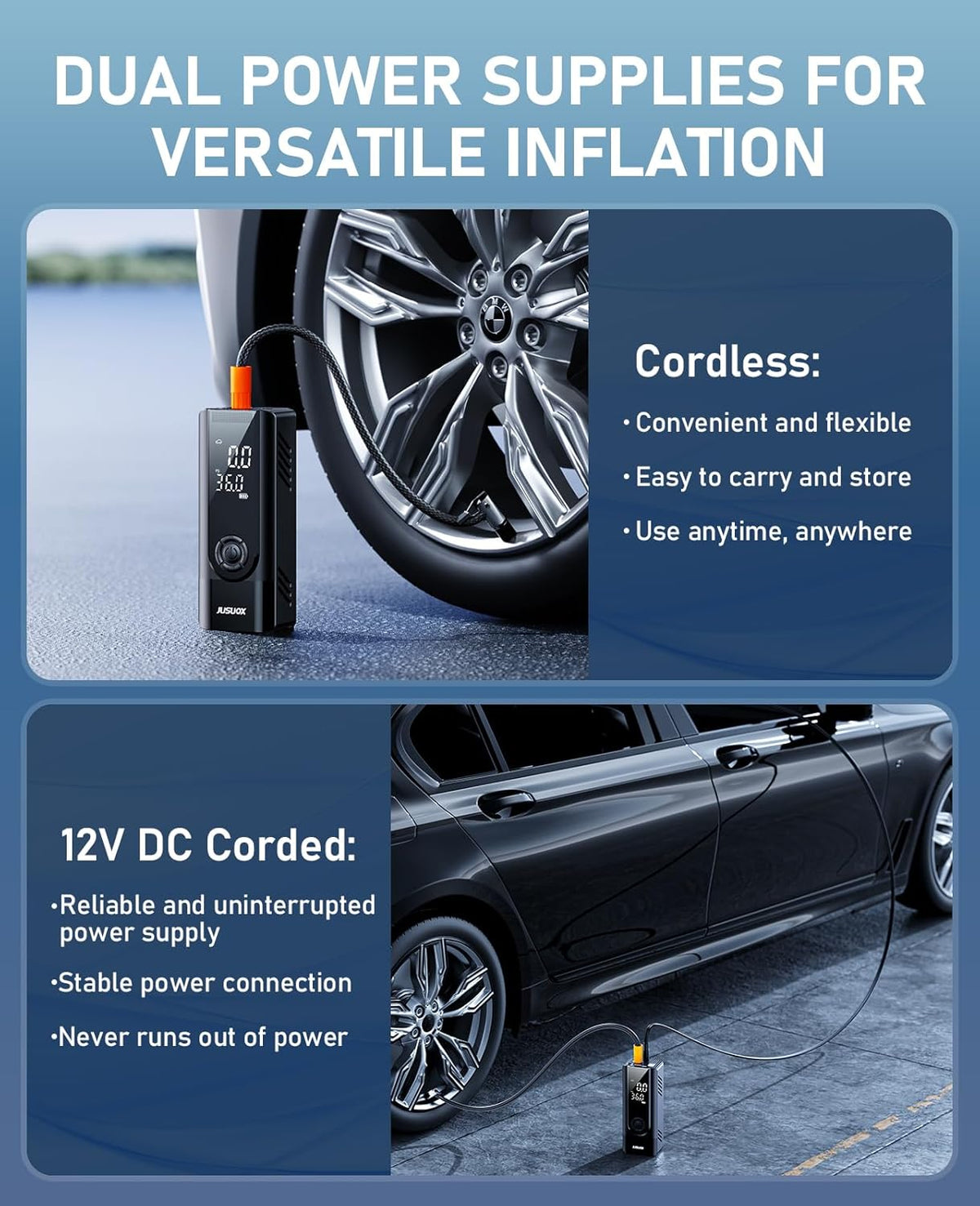Tire Inflator Portable Air Compressor, 150PSI Cordless Air Pump for Car Tires, Battery & 12V DC Dual Power Electric Bike Tire Pump with Digital Pressure Gauge, LED Light, for Motorcycle, Ball