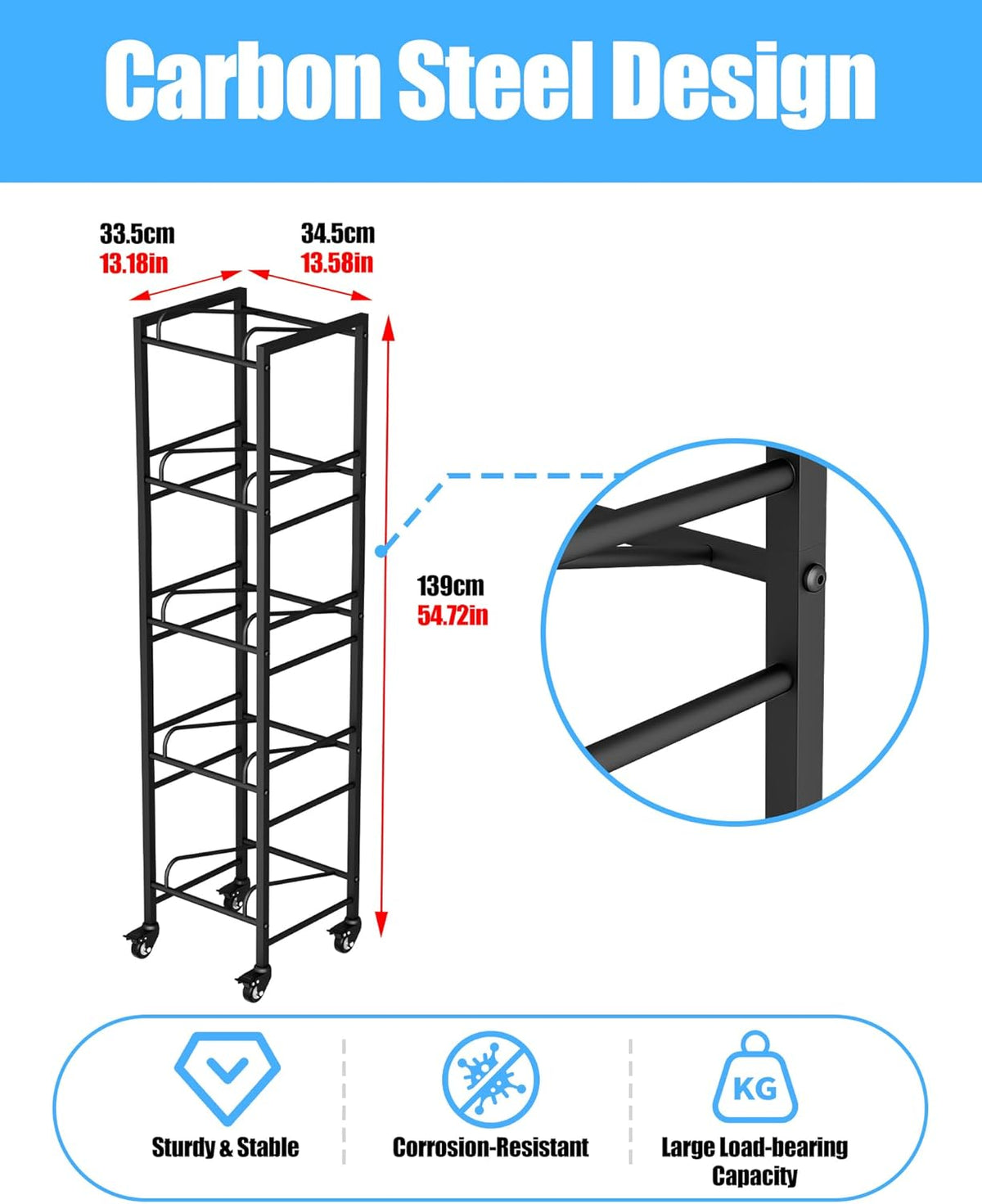 5 Gallon Water Jug Holder, Movable 5 Tier Heavy Duty Water Rack with 4 Wheels, Rack for Water Jug Storage, Space Saving Water Stand for Five 5 Gallon Water Jugs, Black