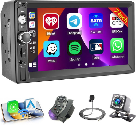 Car Stereo Double Din Wireless Carplay Android Auto, 7 Inch Touchscreen Car Radio Bluetooth 5.1 FM Car Audio Receiver with Backup Camera Mirror Link SWC