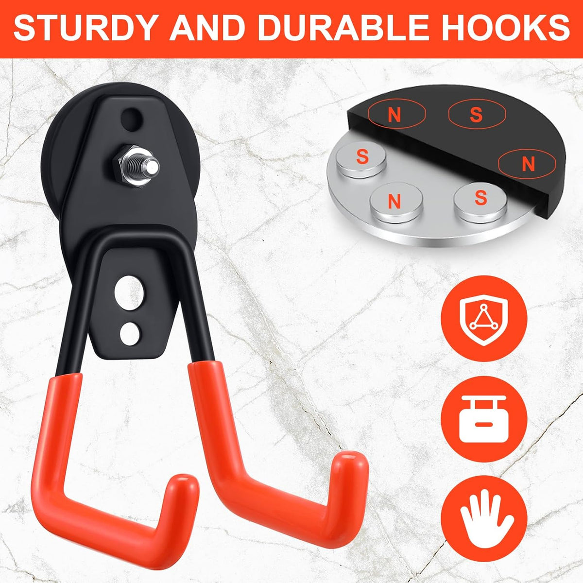 Landhoow Large Magnetic Hooks Heavy Duty Garage Magnet Hooks Strong Storage Utility Magnetic Hangers with Anti Slip Rubber Coating for Indoor and Outdoor Hanging(Orange,6 Pcs)
