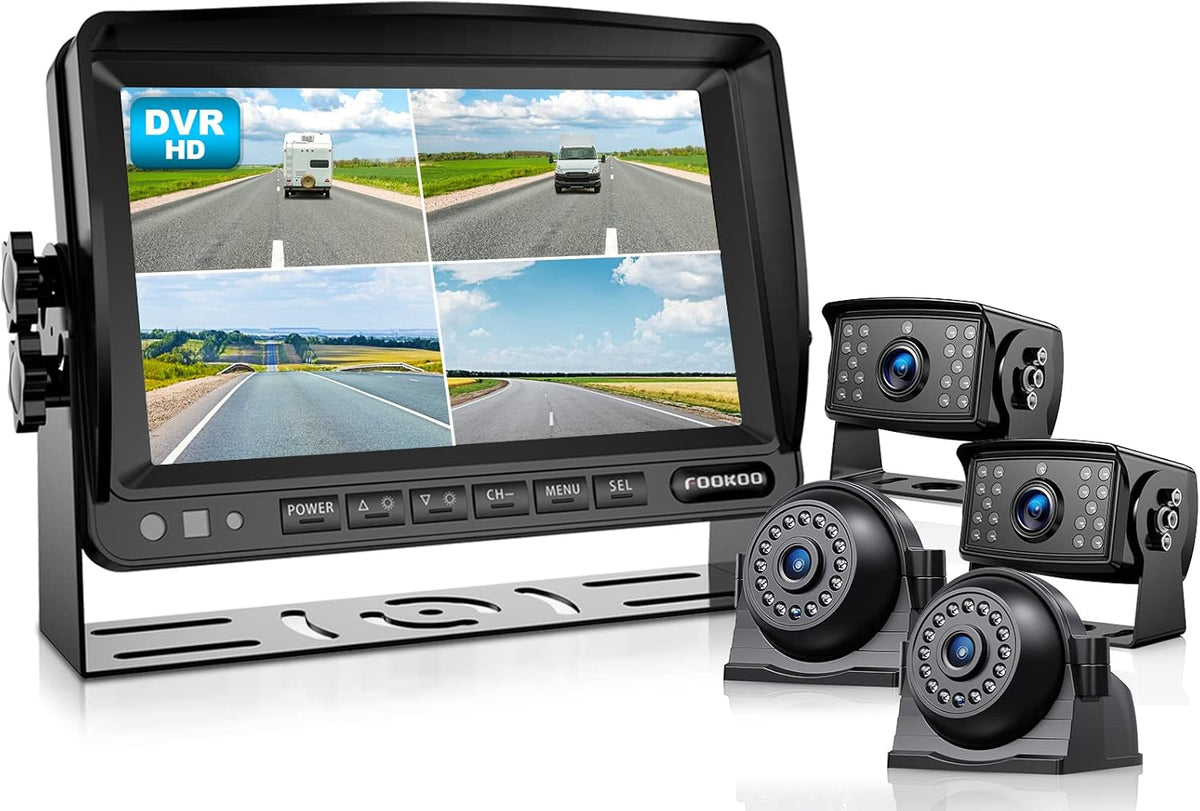 Fookoo HD 1080P 7" Wired Backup Camera System, 7-inch Quad Split Screen Monitor W/Recording, IP69 Waterproof Side View Rear View Cameras, Parking Lines for Truck/Trailer/RV/Tractor/ 5th Wheel (DY704)